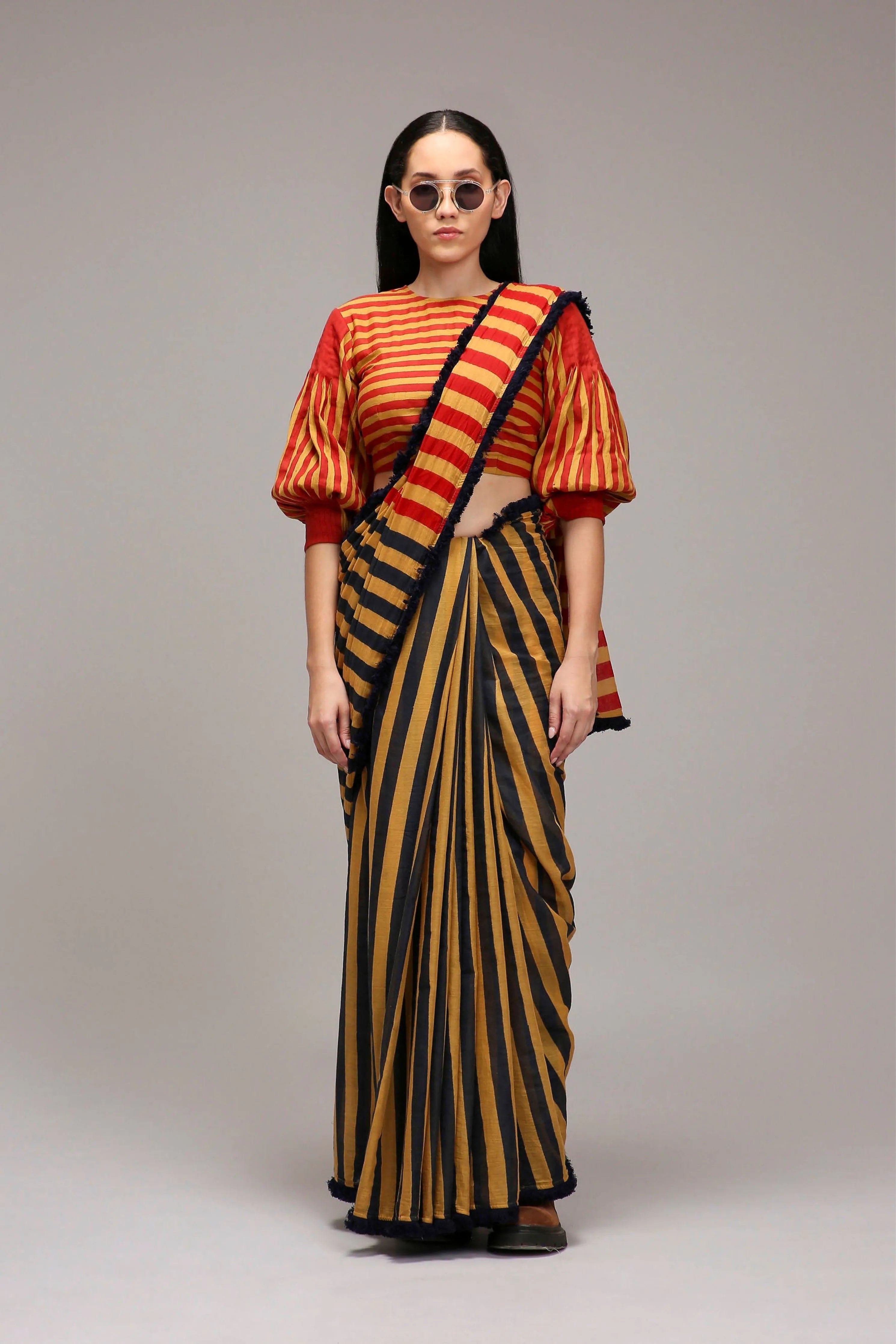 Tan-Brown Crop Top & Dual Striped Saree Set