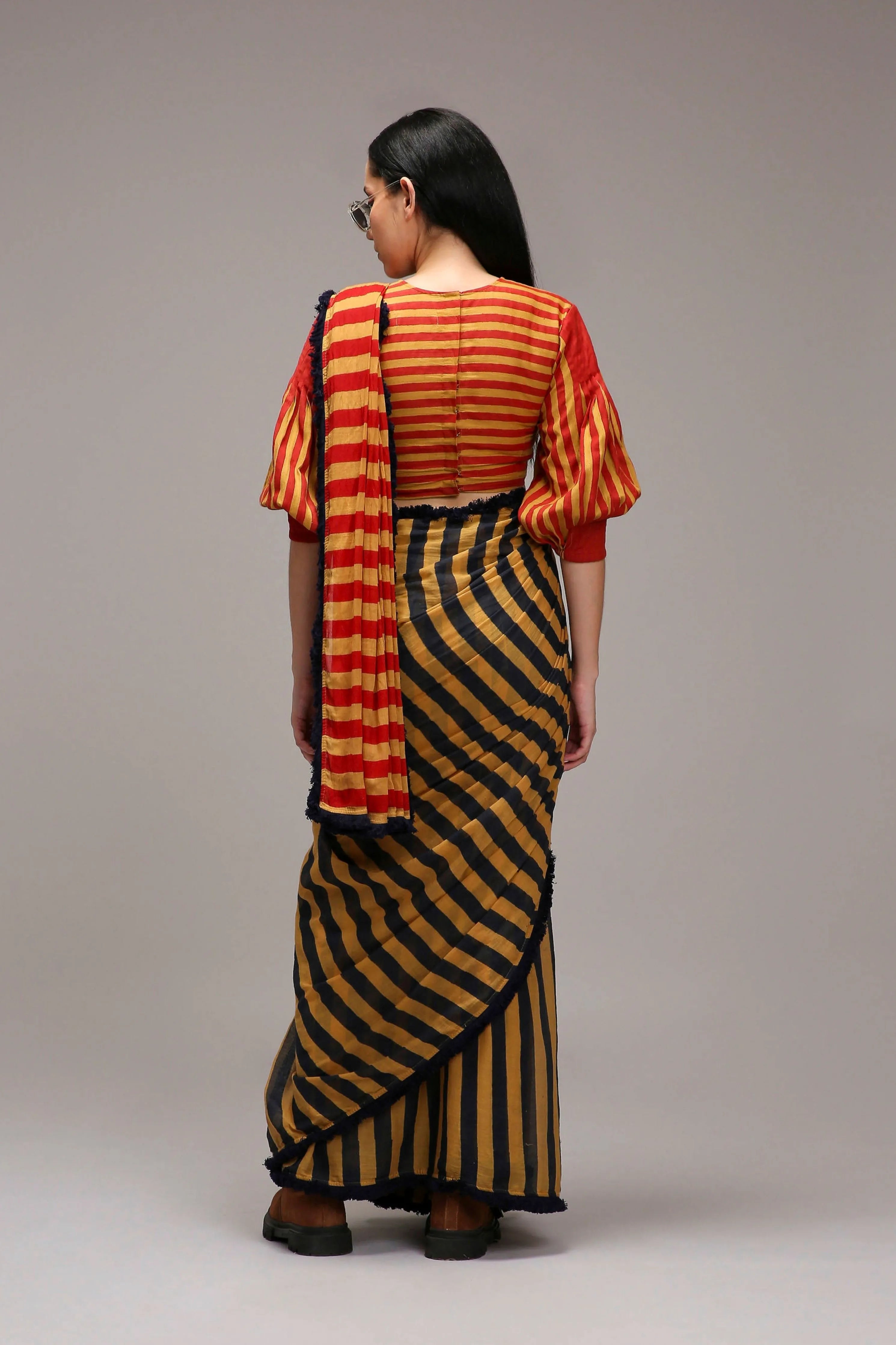 Tan-Brown Crop Top & Dual Striped Saree Set
