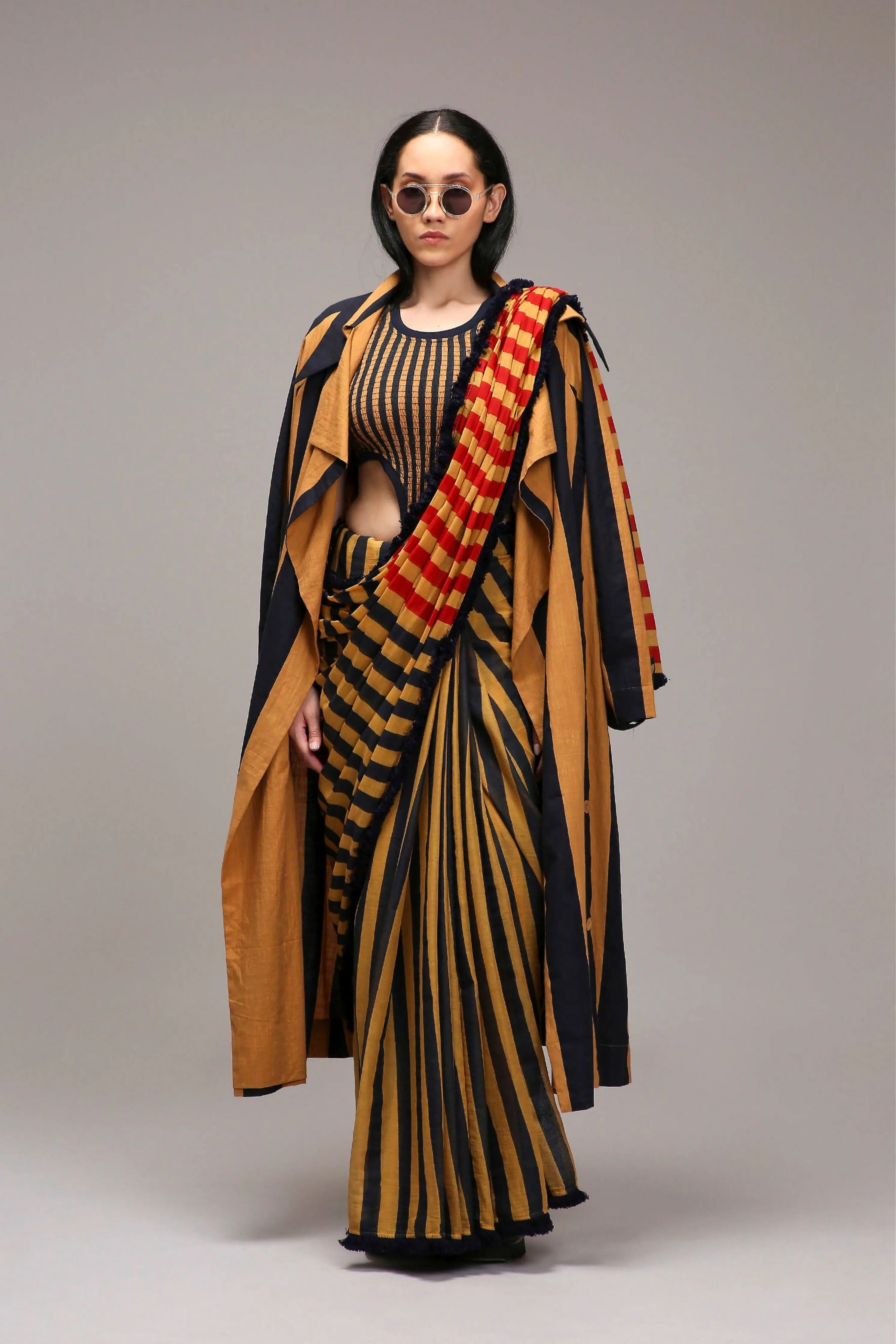 Tan-Brown Bodysuit with Trench & Dual Striped Saree Set