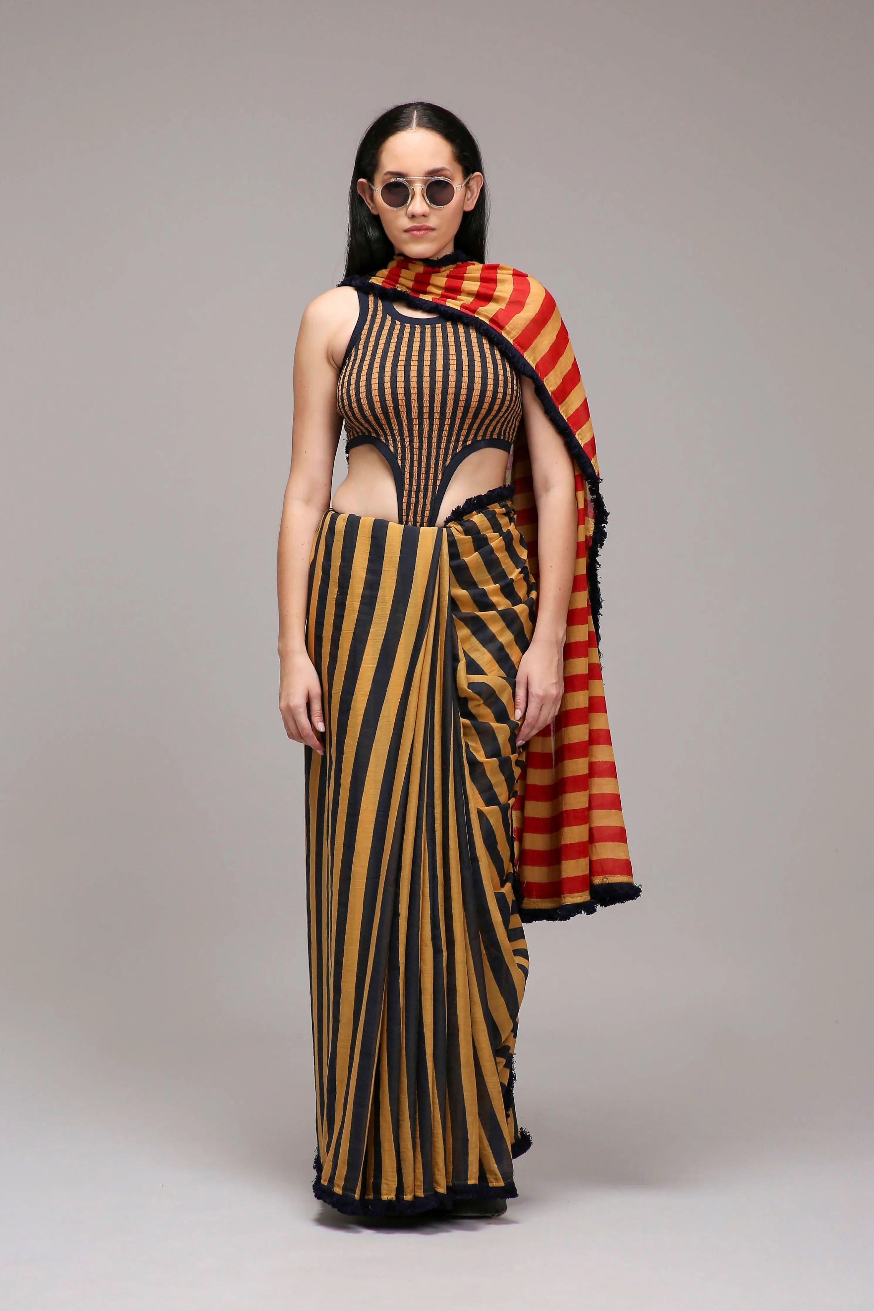 Tan-Brown Bodysuit with Trench & Dual Striped Saree Set