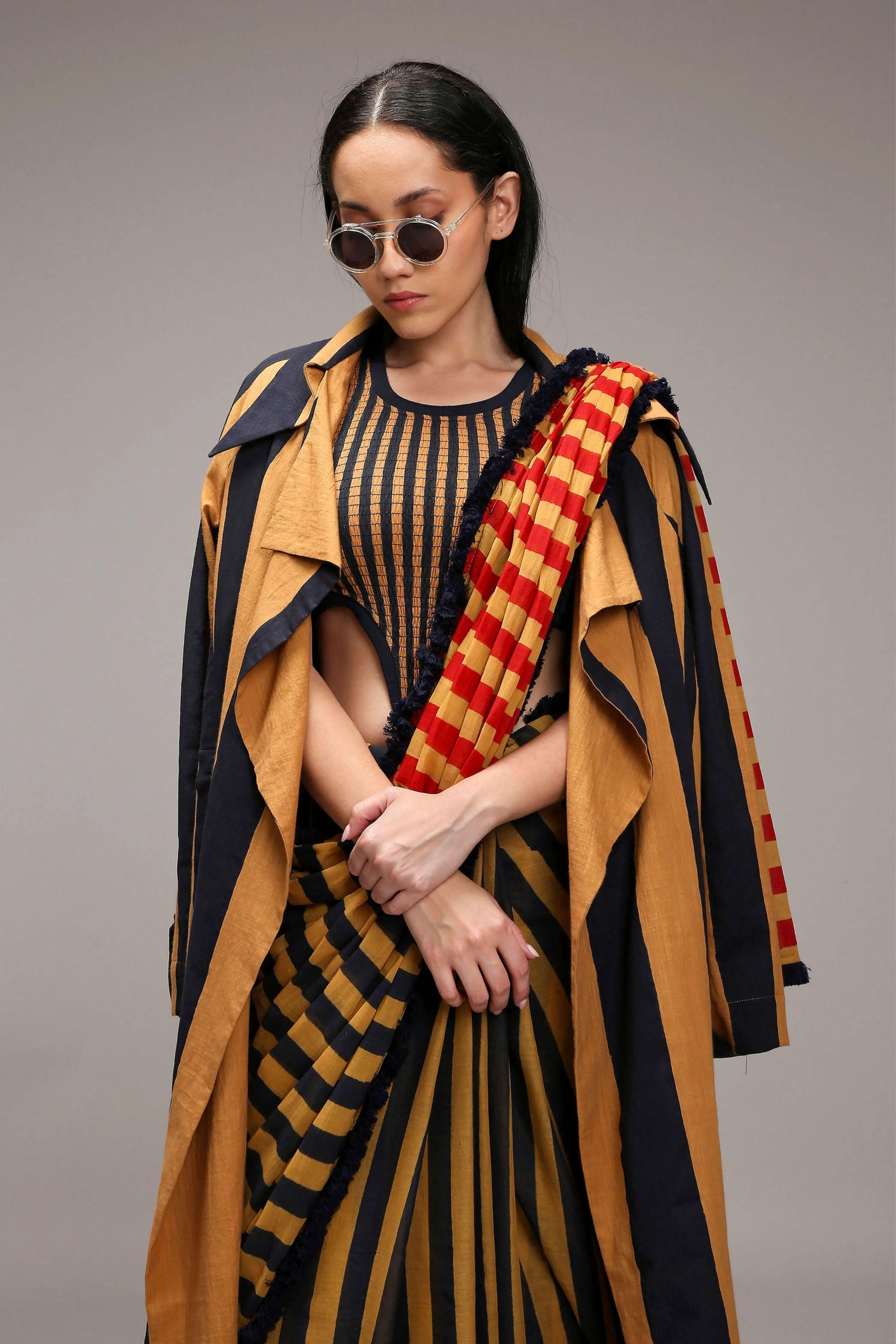Tan-Brown Bodysuit with Trench & Dual Striped Saree Set