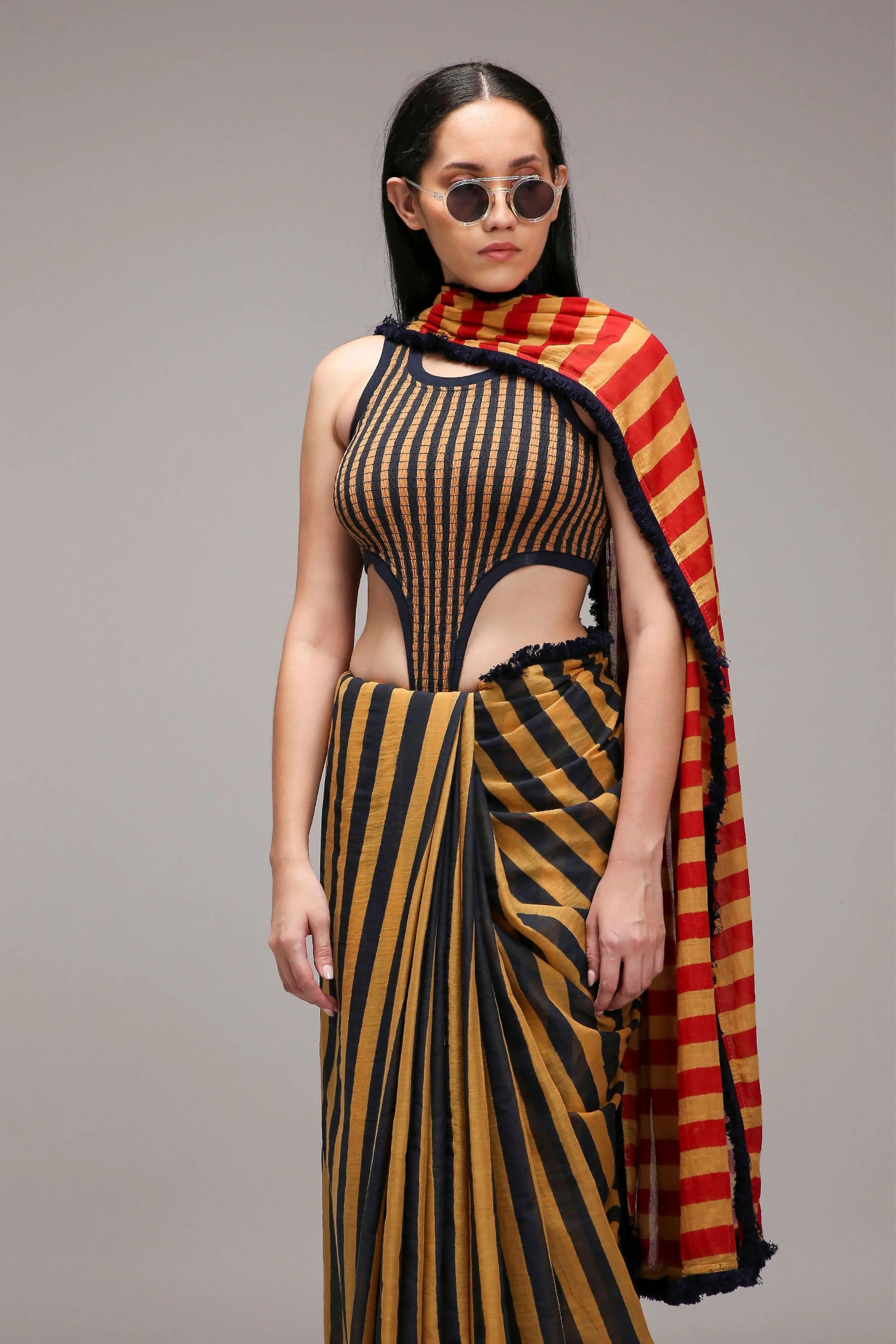 Tan-Brown Bodysuit with Trench & Dual Striped Saree Set