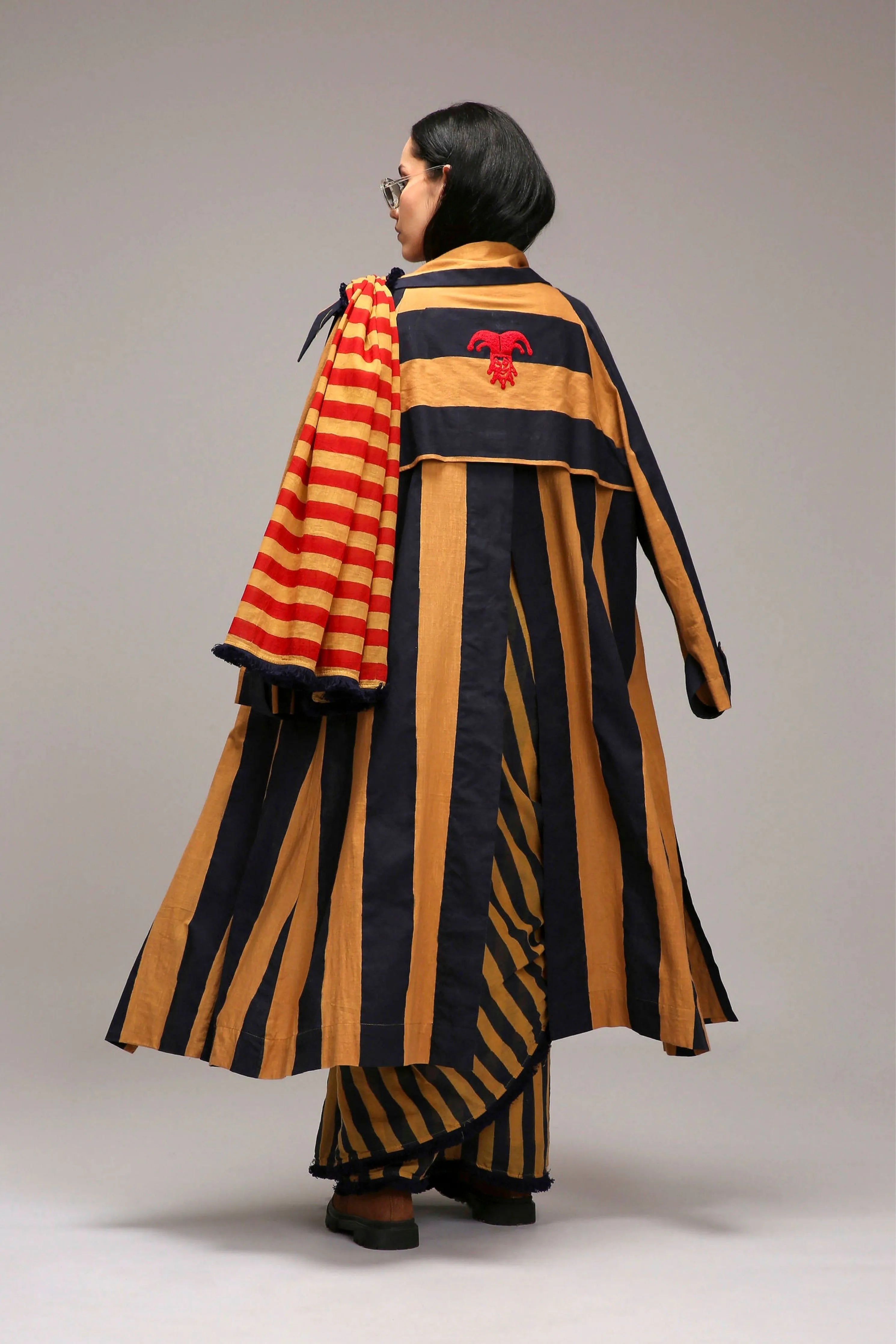 Tan-Brown Bodysuit with Trench & Dual Striped Saree Set