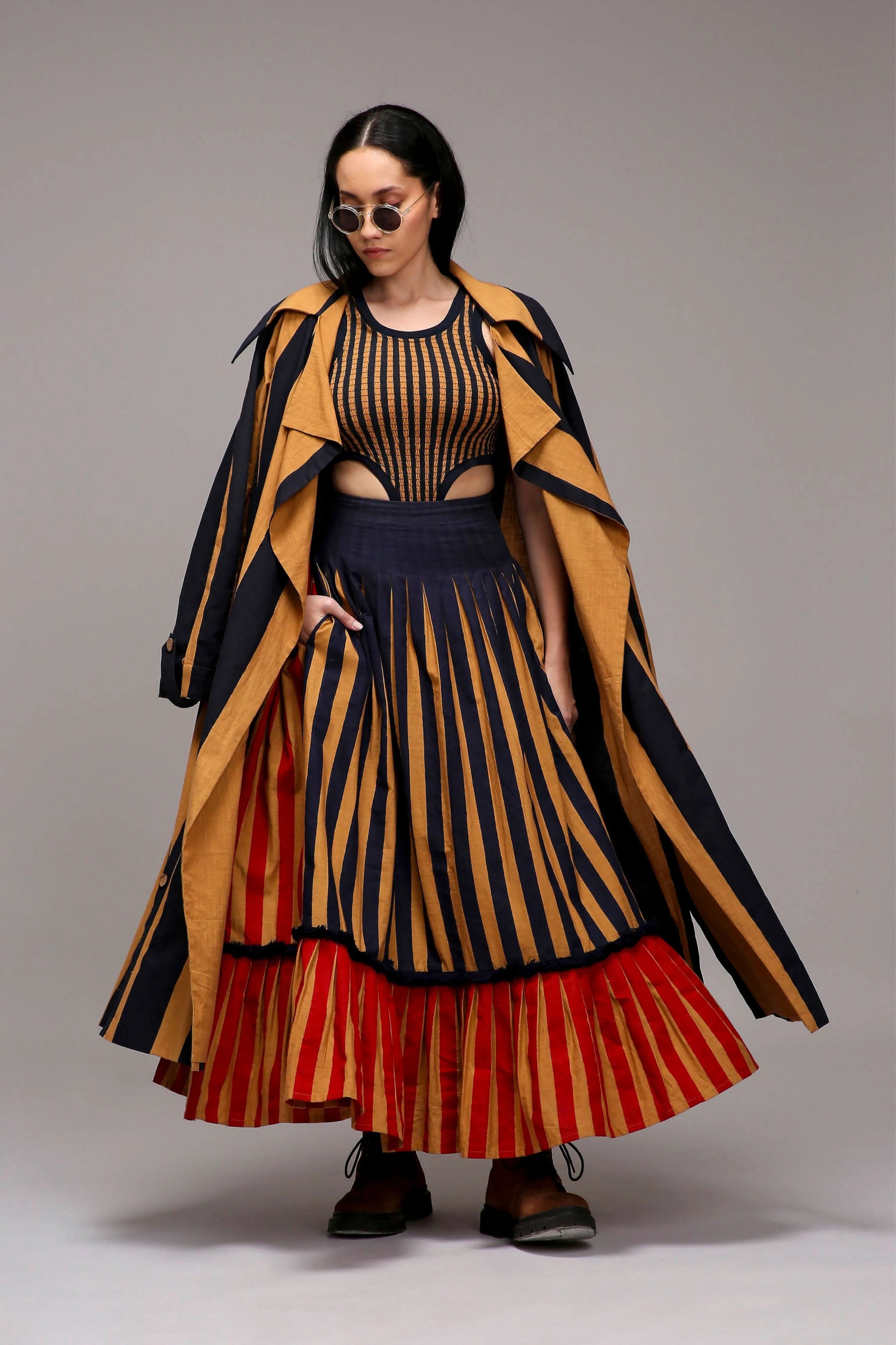 Tan-Brown Trench Bodysuit Dual Striped Skirt Set