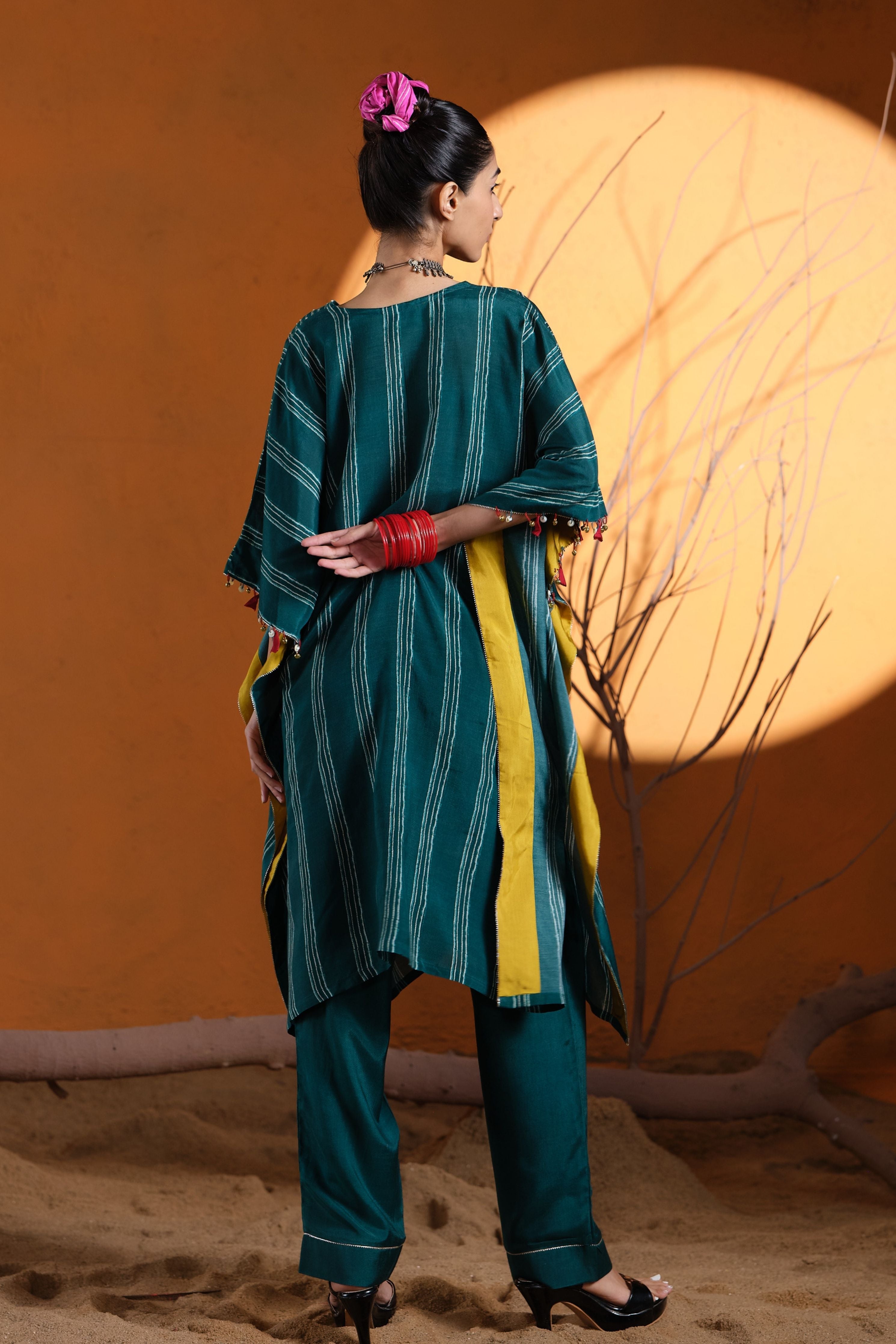 Green V-Neck Kaftan Set