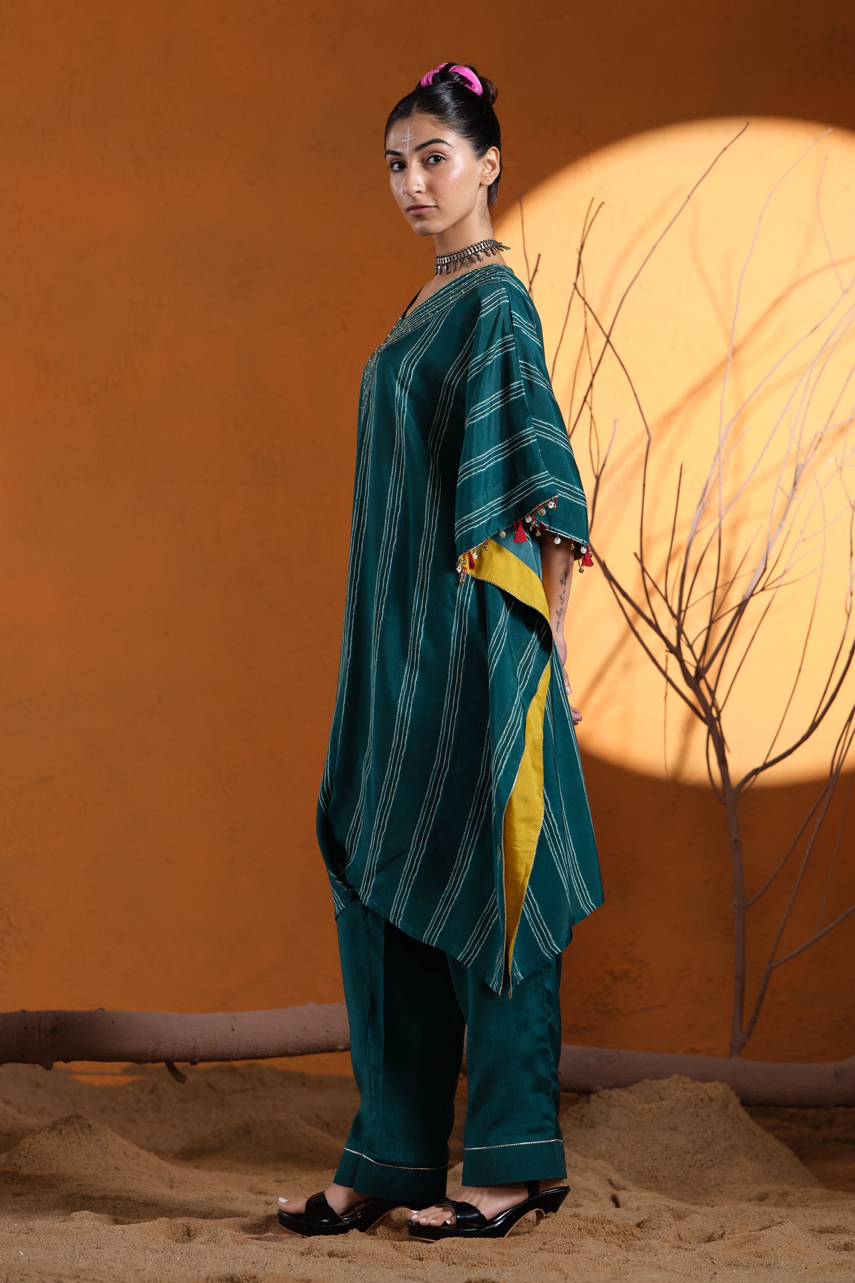 Green V-Neck Kaftan Set