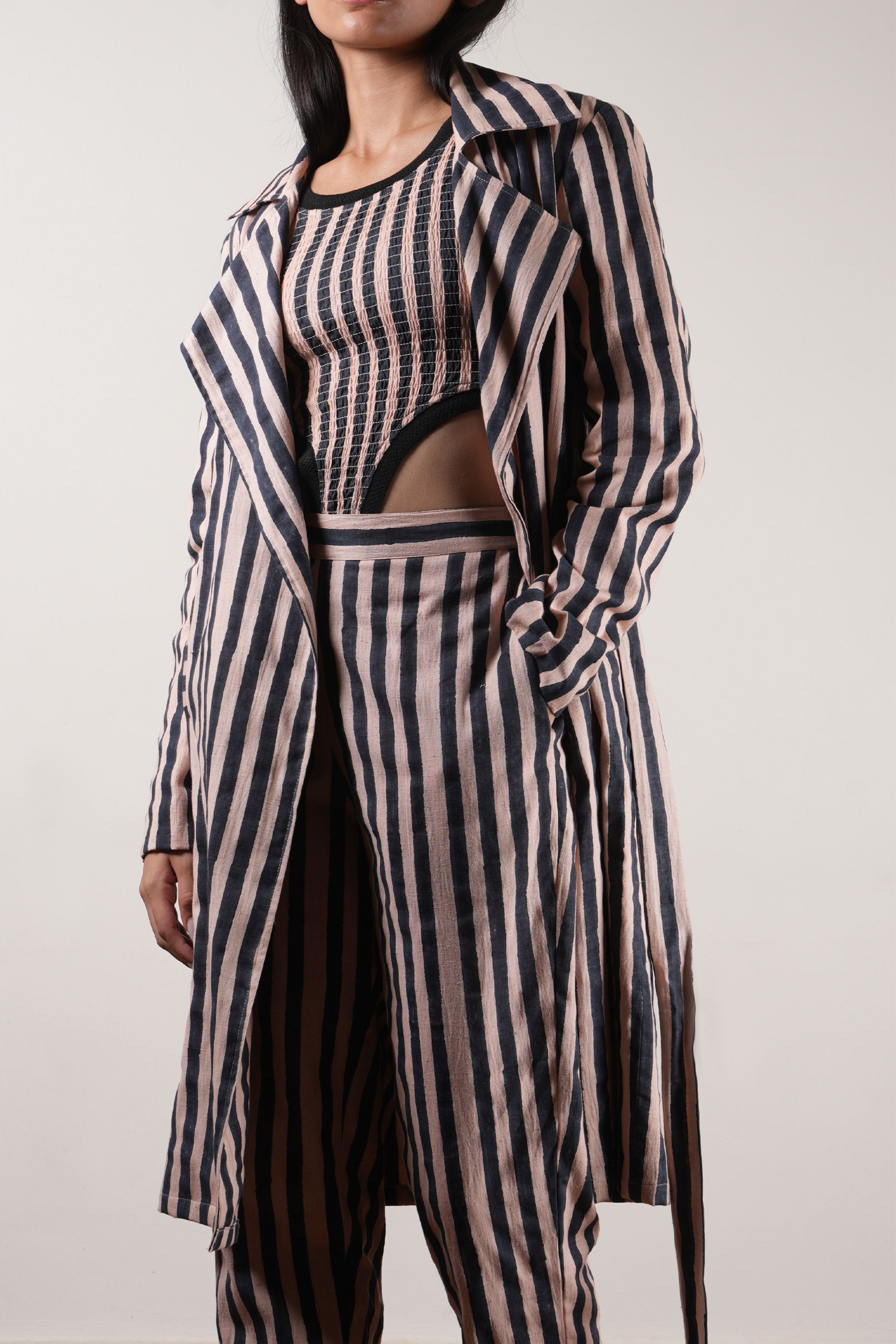 Pink with Charcoal Block Printed Striped Trench & Bodysuit Set