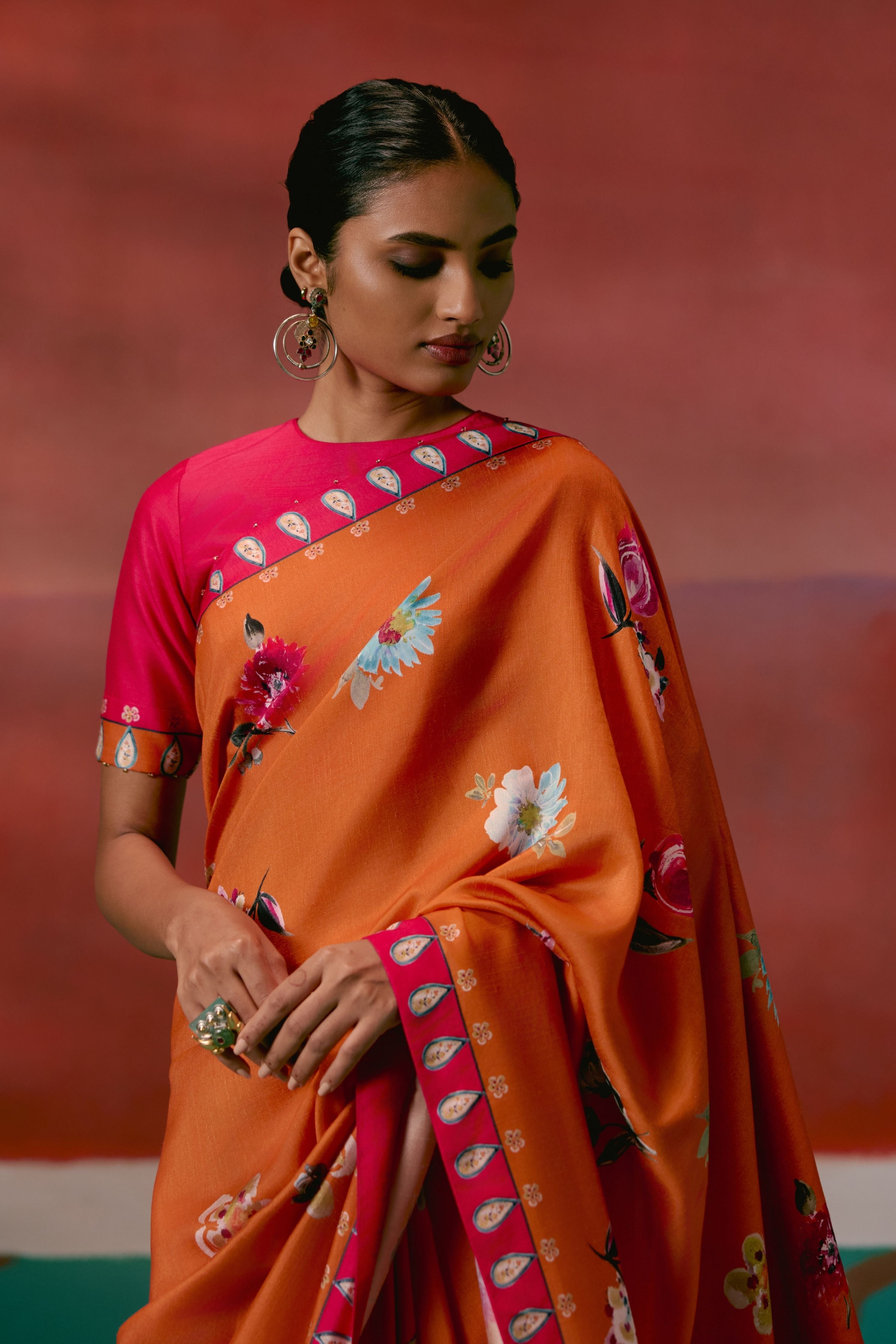 Tangerine And Fuschia Floral Saree