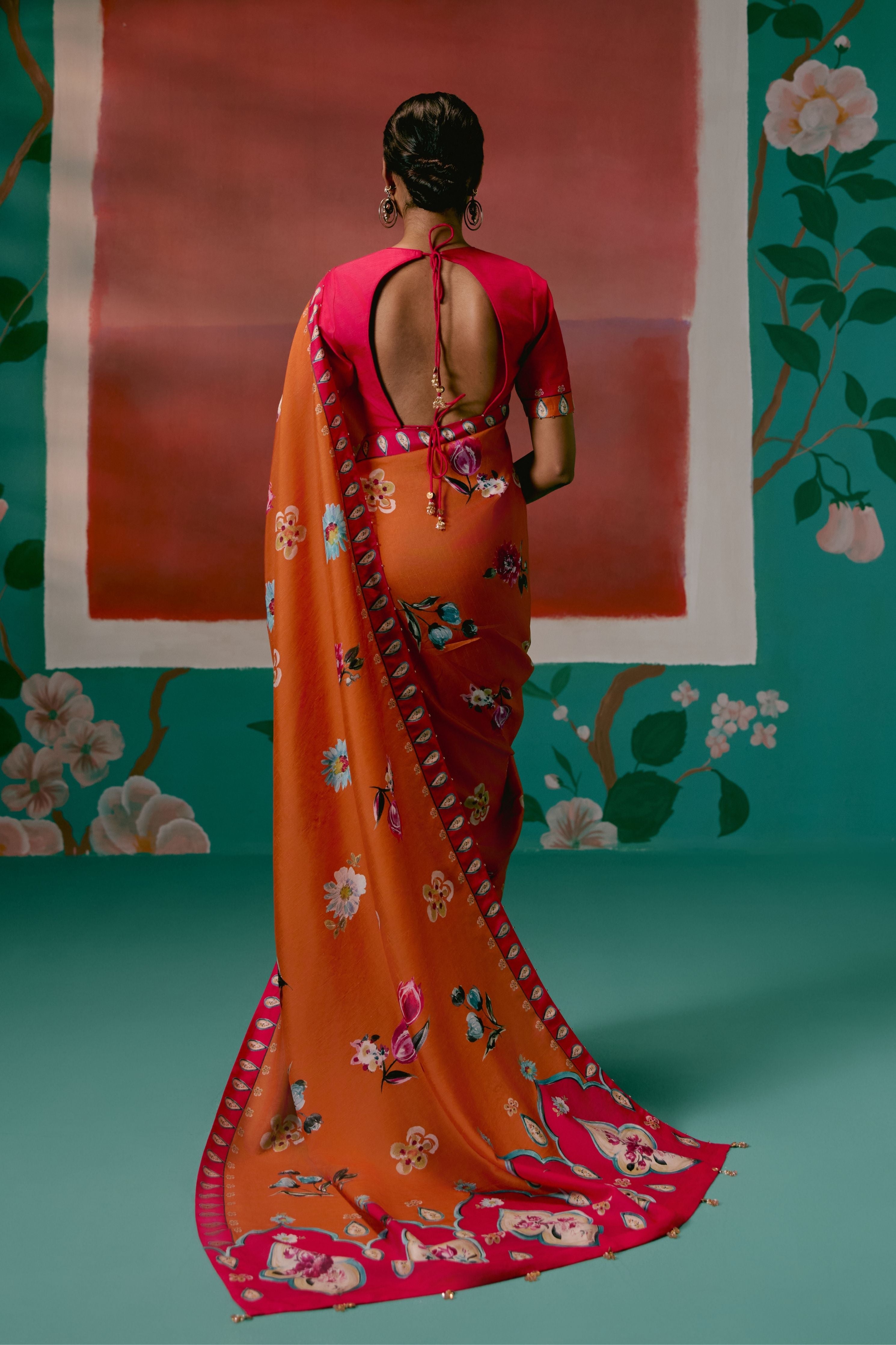 Tangerine And Fuschia Floral Saree