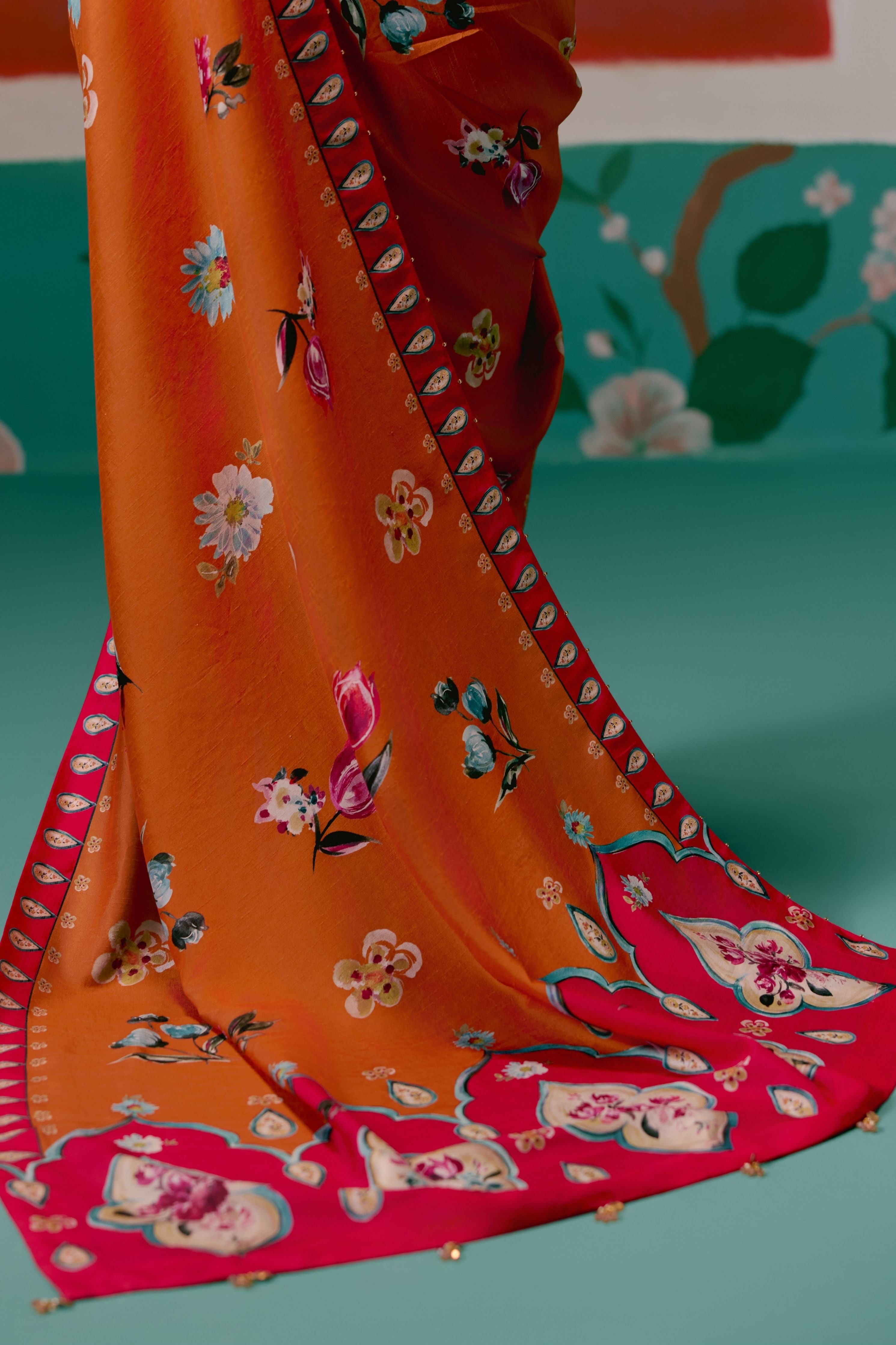 Tangerine And Fuschia Floral Saree