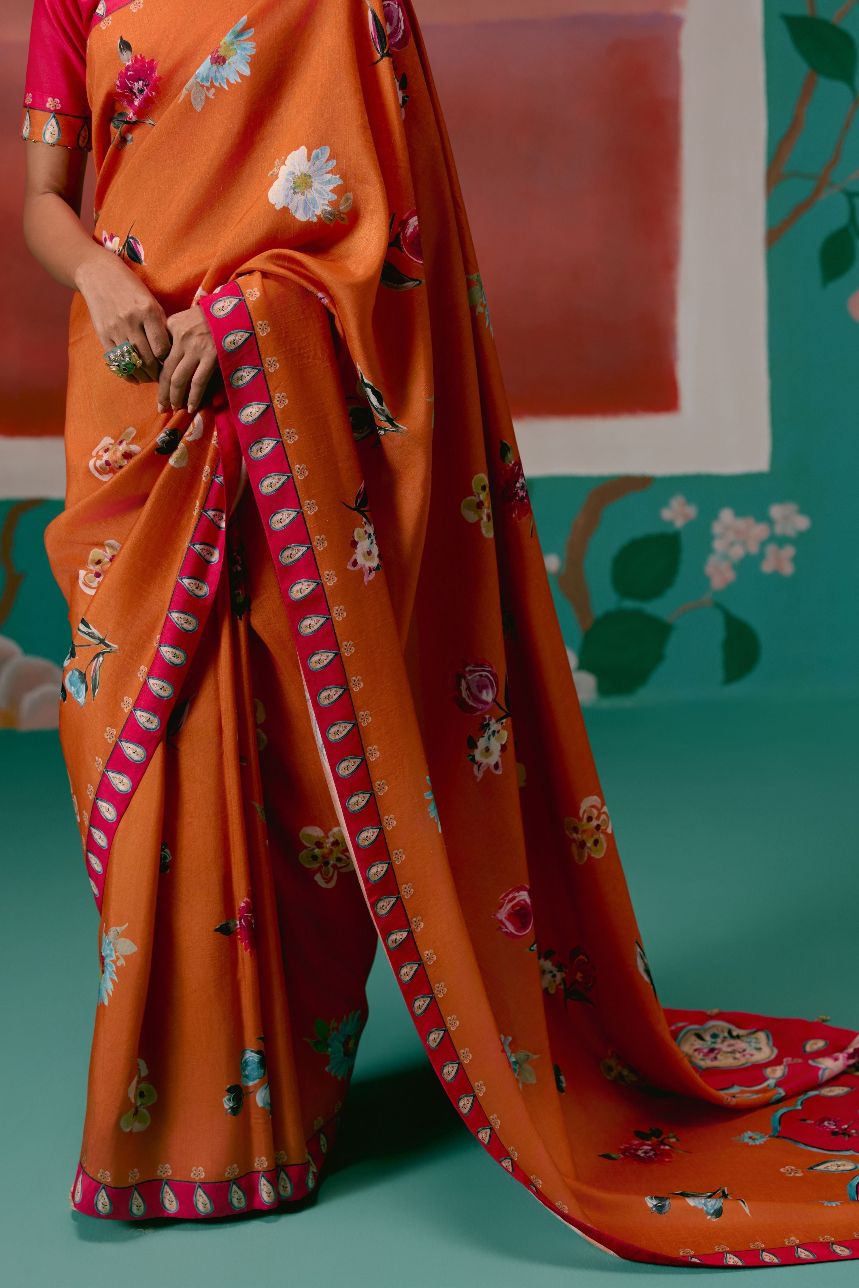 Tangerine And Fuschia Floral Saree