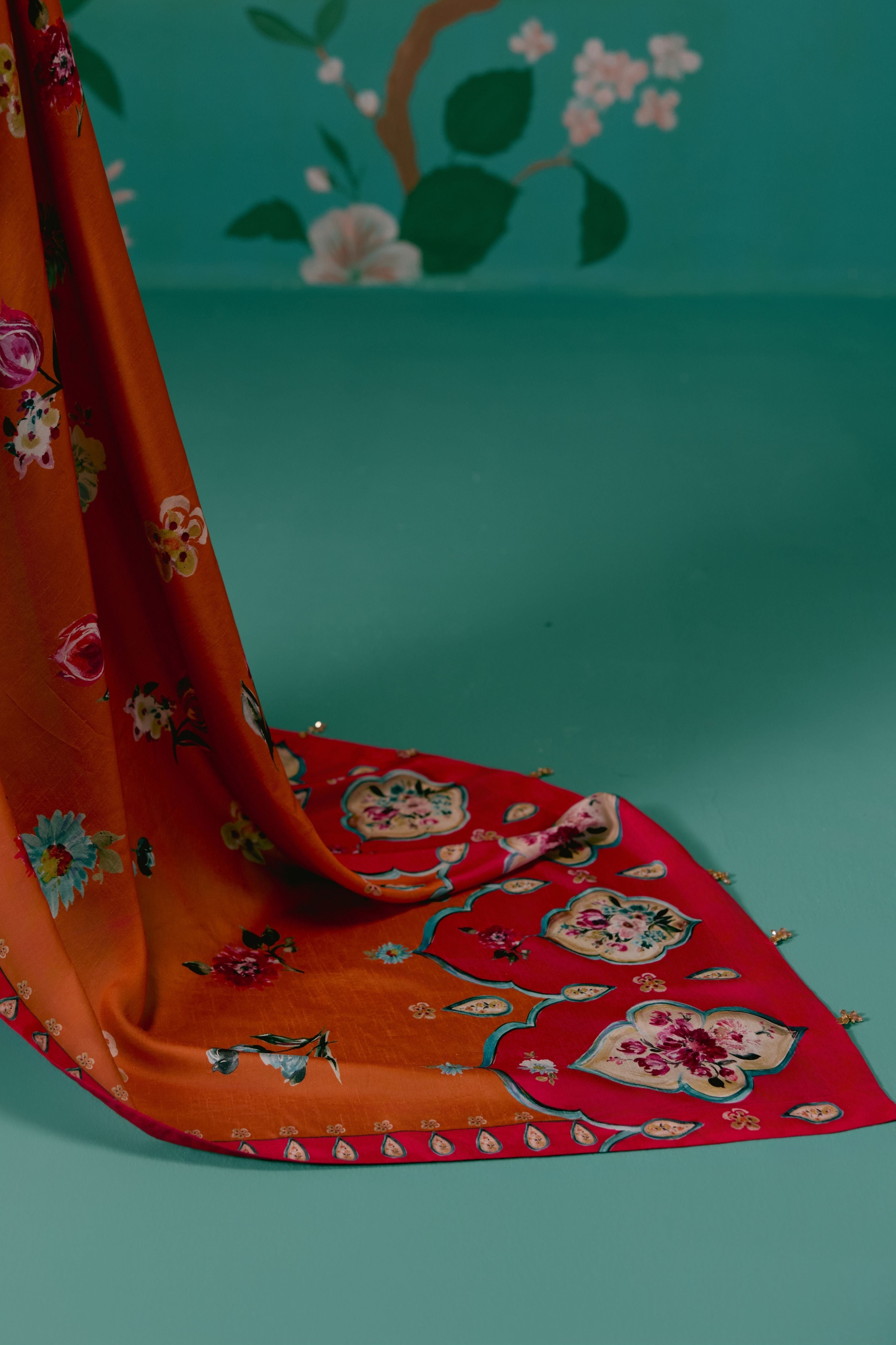 Tangerine And Fuschia Floral Saree