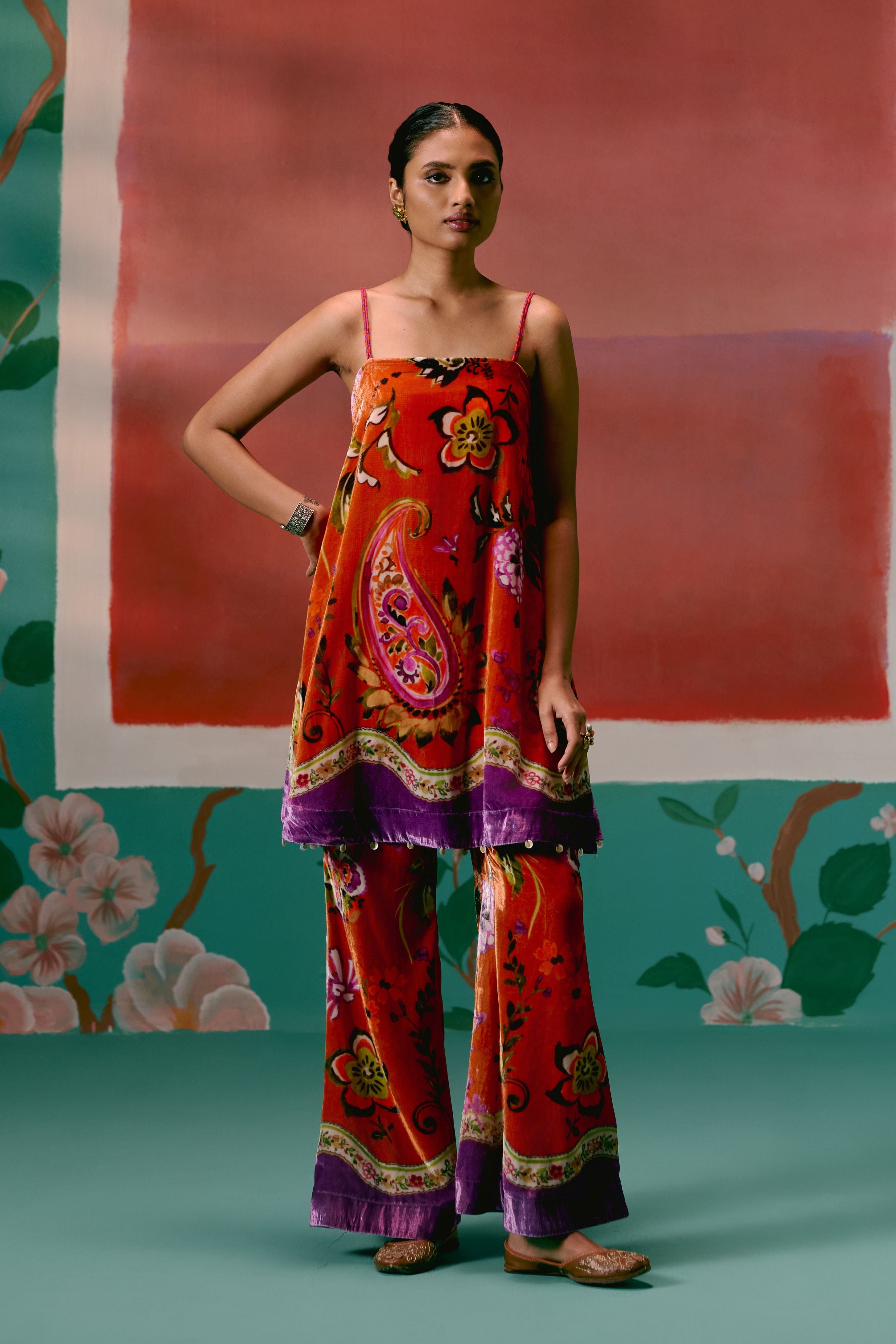 Tangerine And Purple Floral Kurta Set