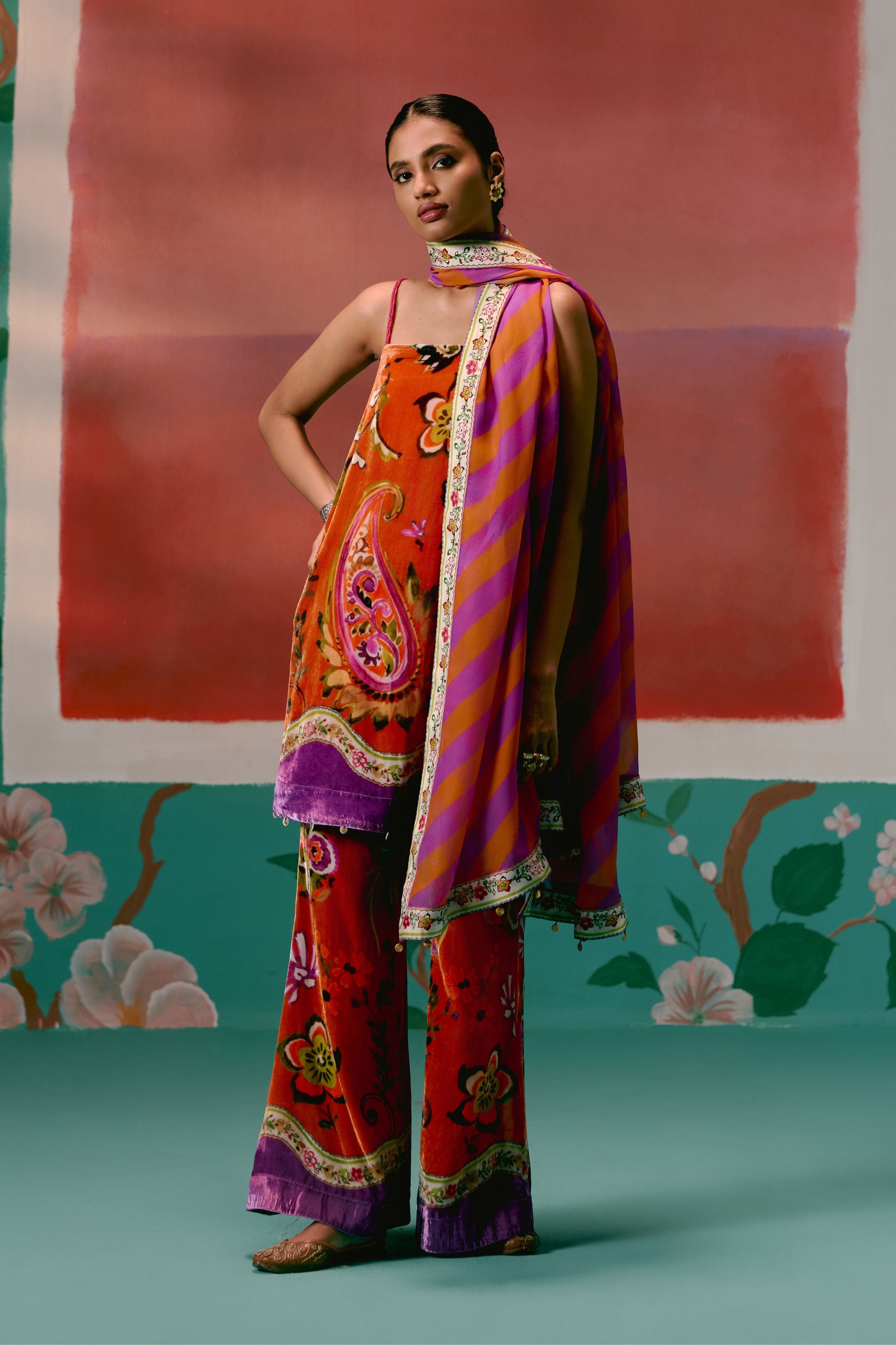 Tangerine And Purple Floral Kurta Set