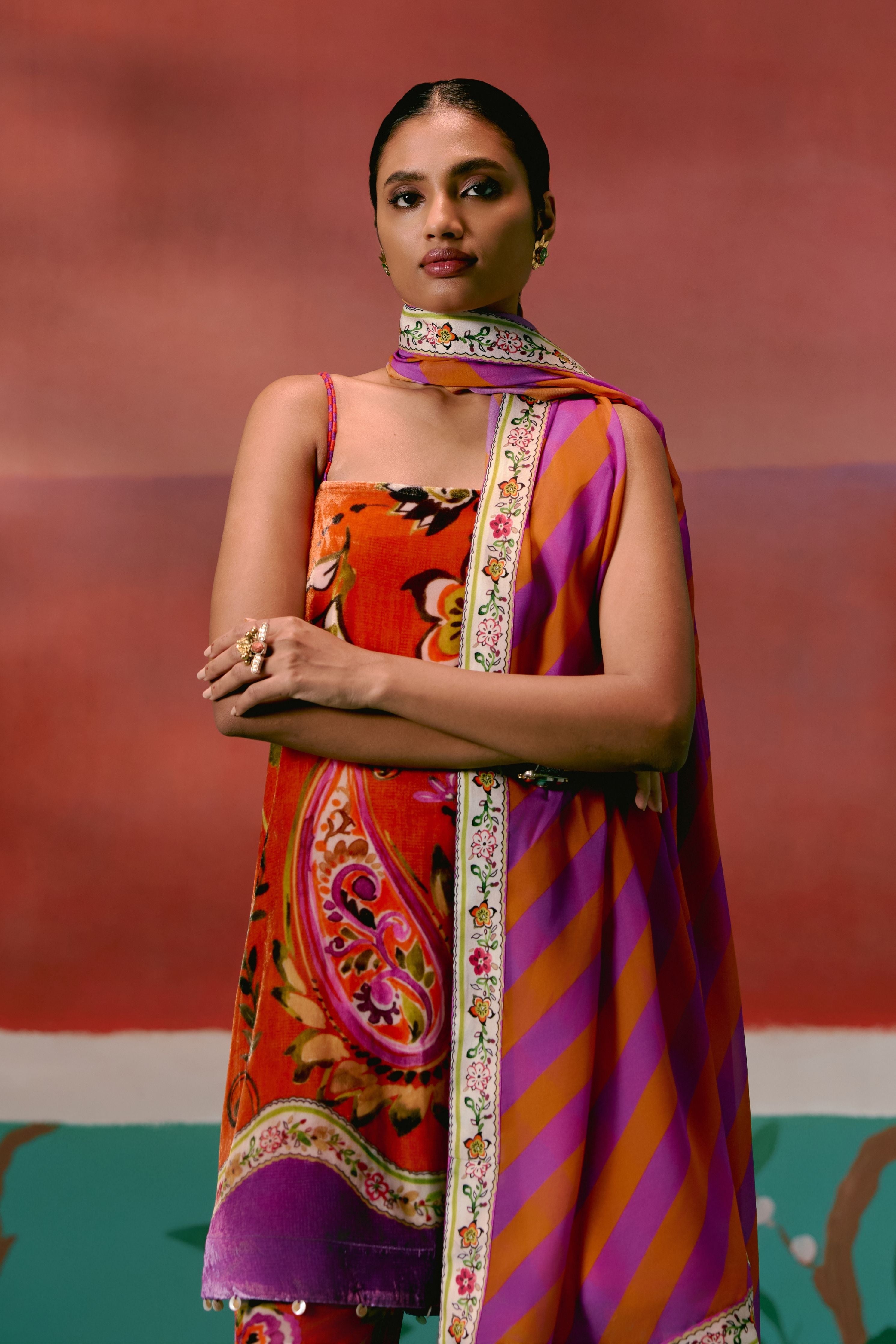 Tangerine And Purple Floral Kurta Set