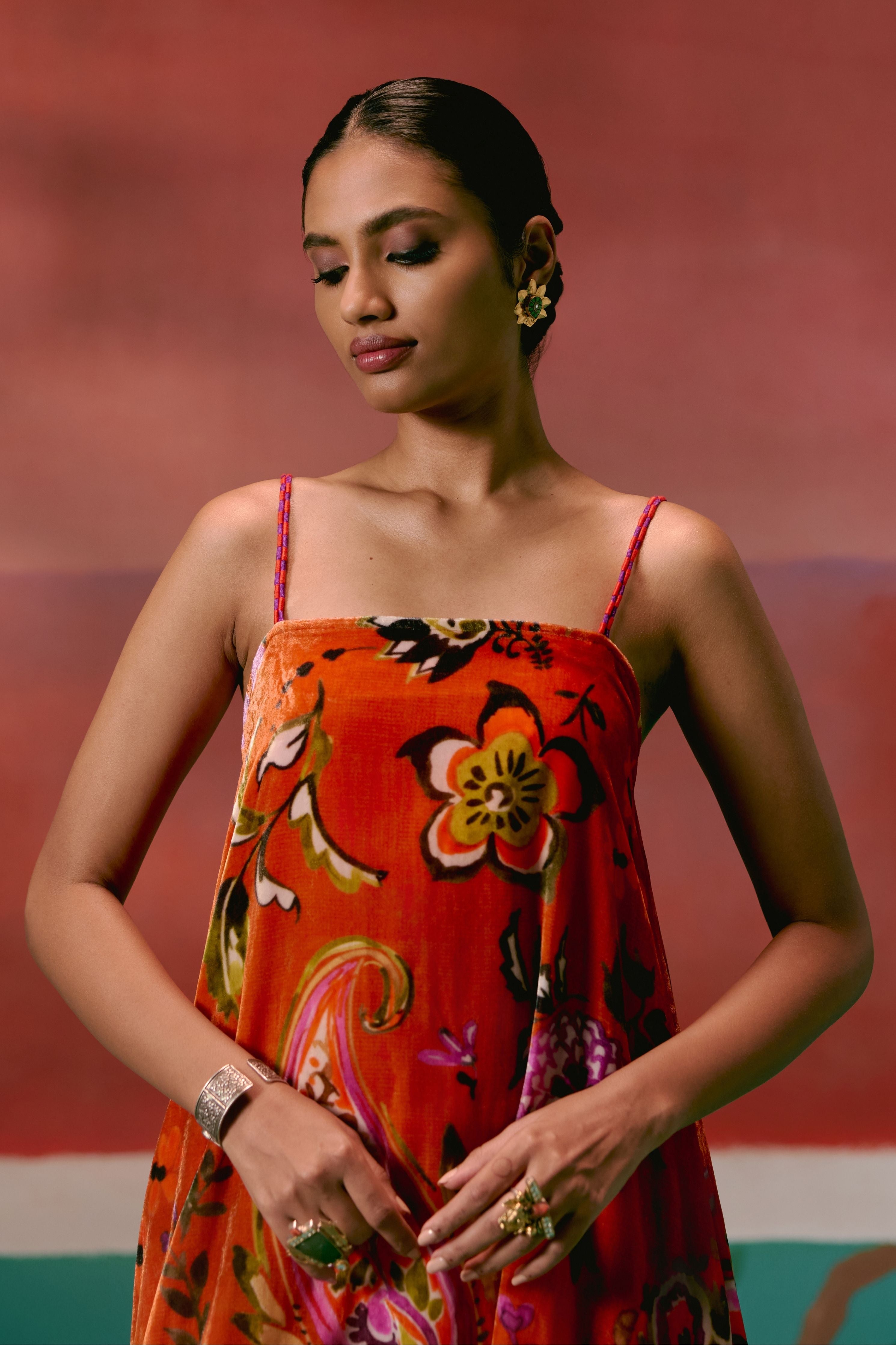 Tangerine And Purple Floral Kurta Set