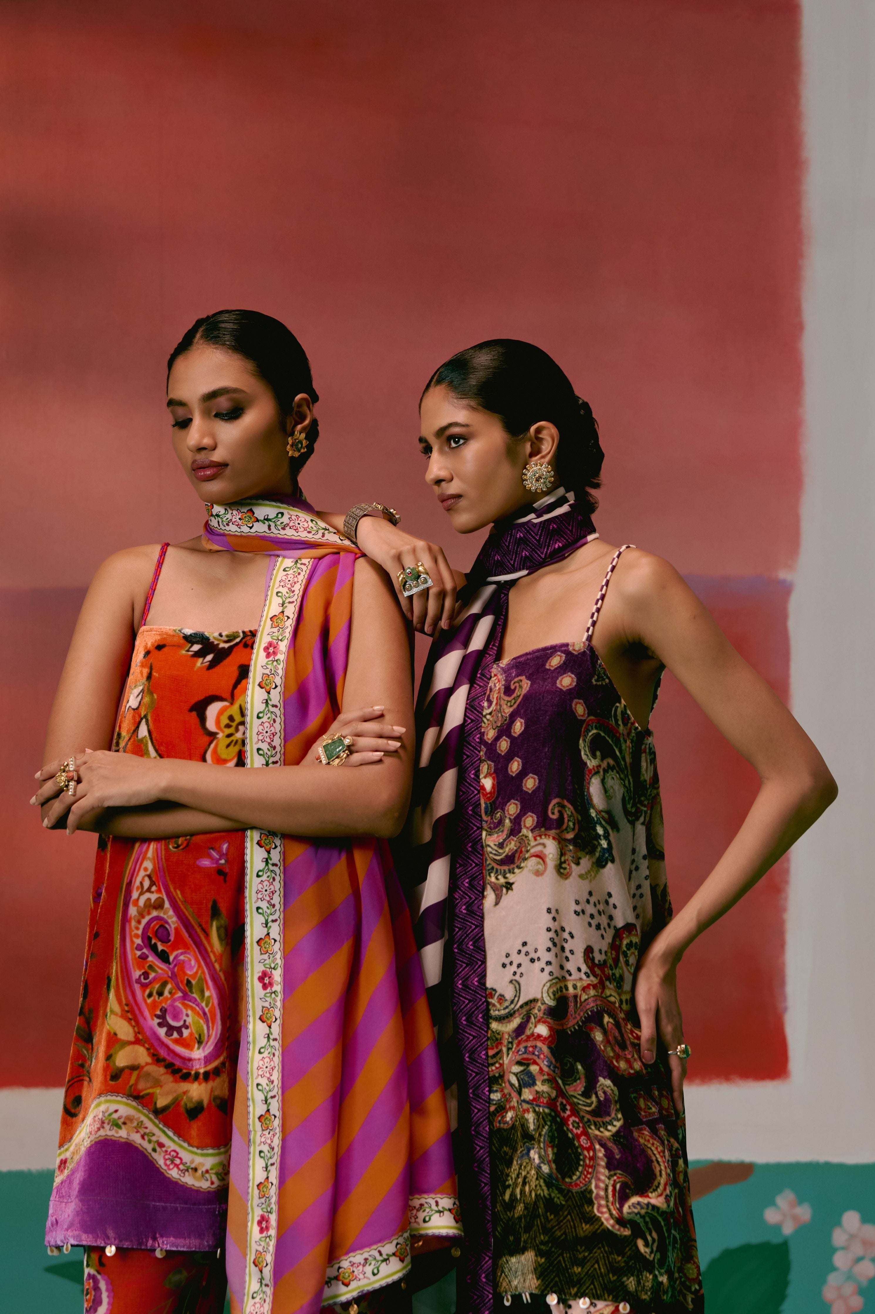 Tangerine And Purple Floral Kurta Set