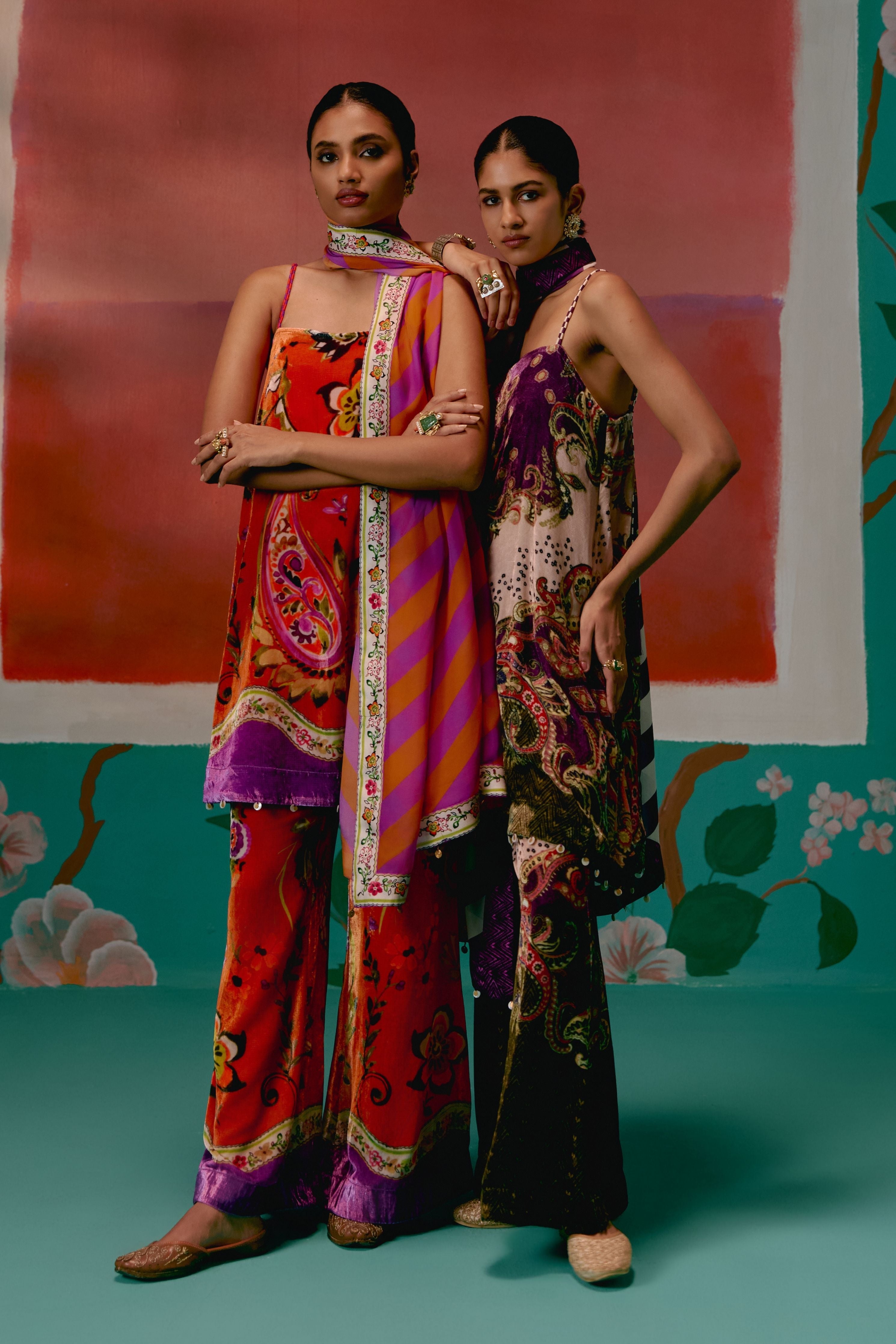 Tangerine And Purple Floral Kurta Set