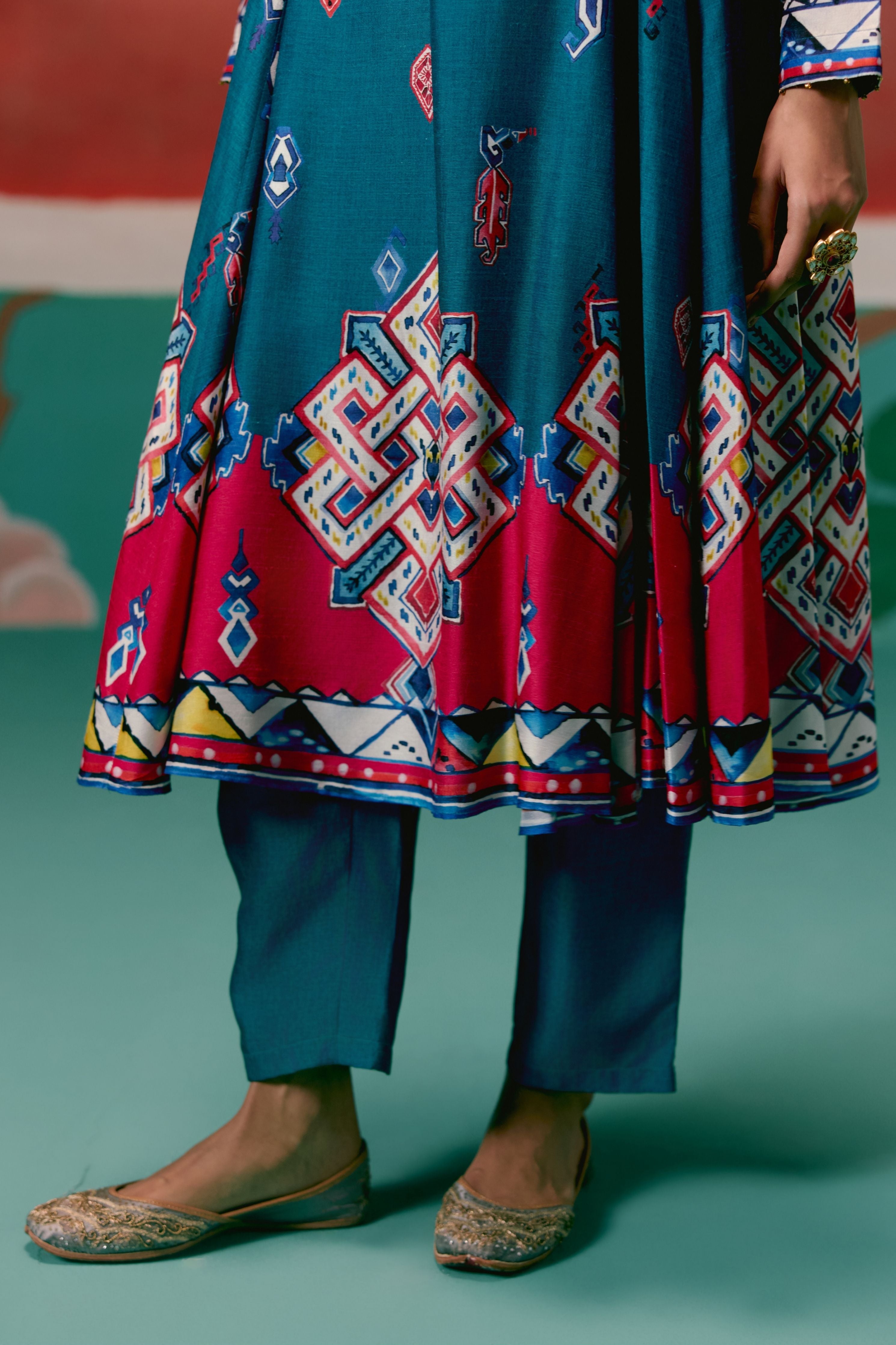 Teal Aztec Anarkali Set With Dupatta