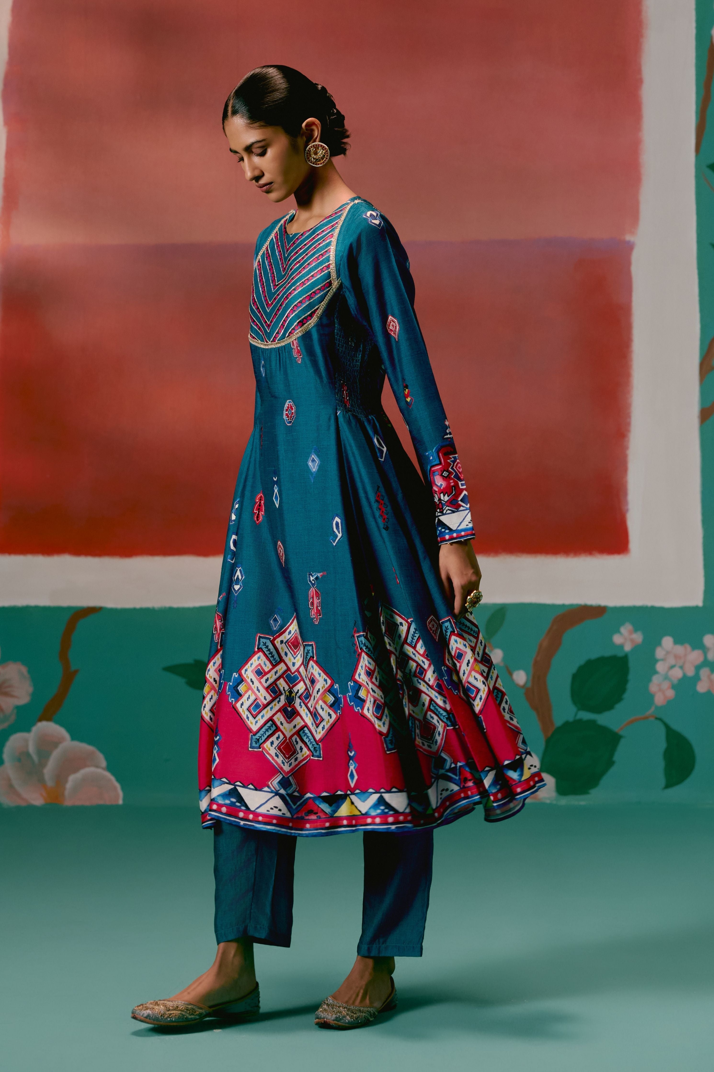Teal Aztec Anarkali Set With Dupatta