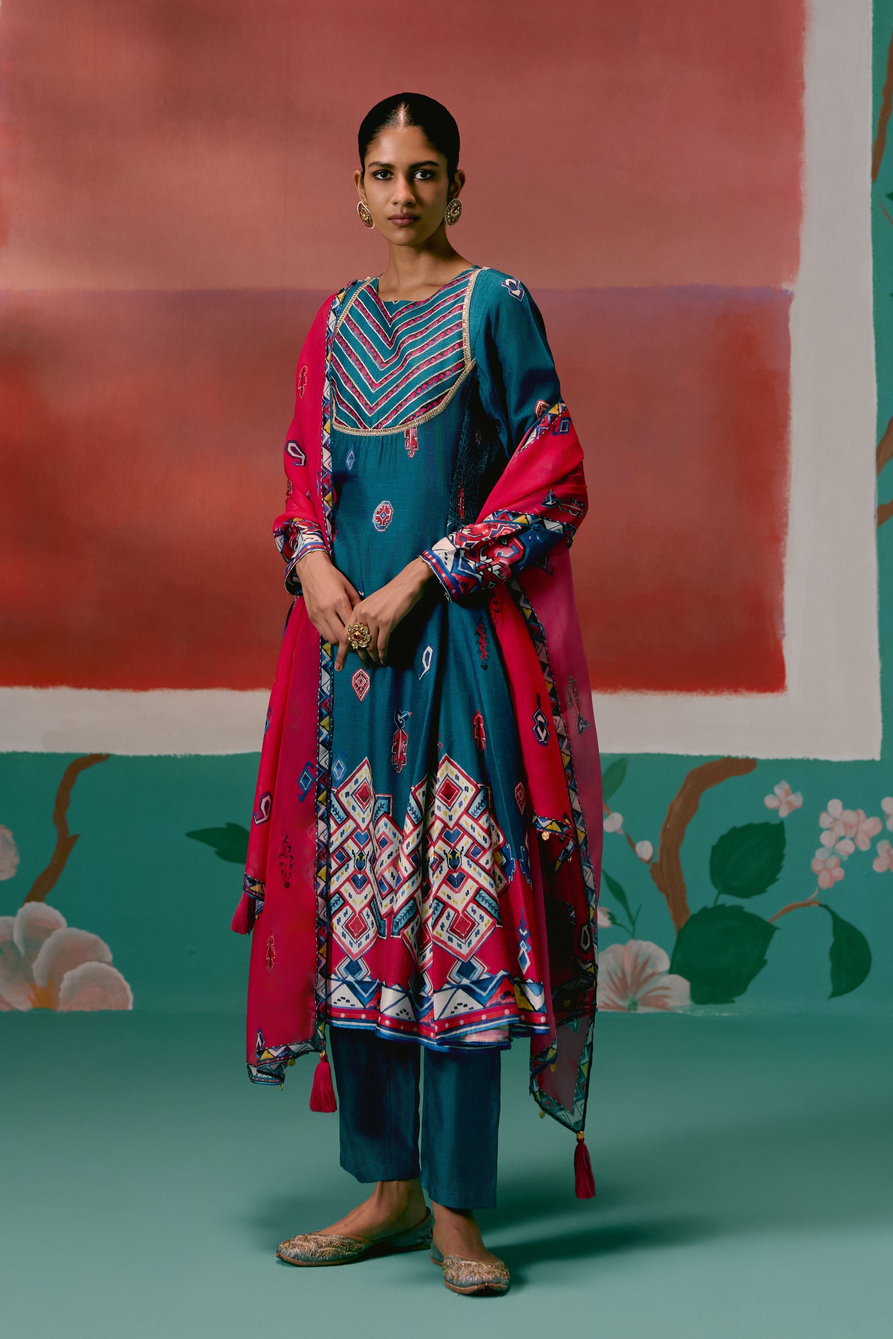 Teal Aztec Anarkali Set With Dupatta