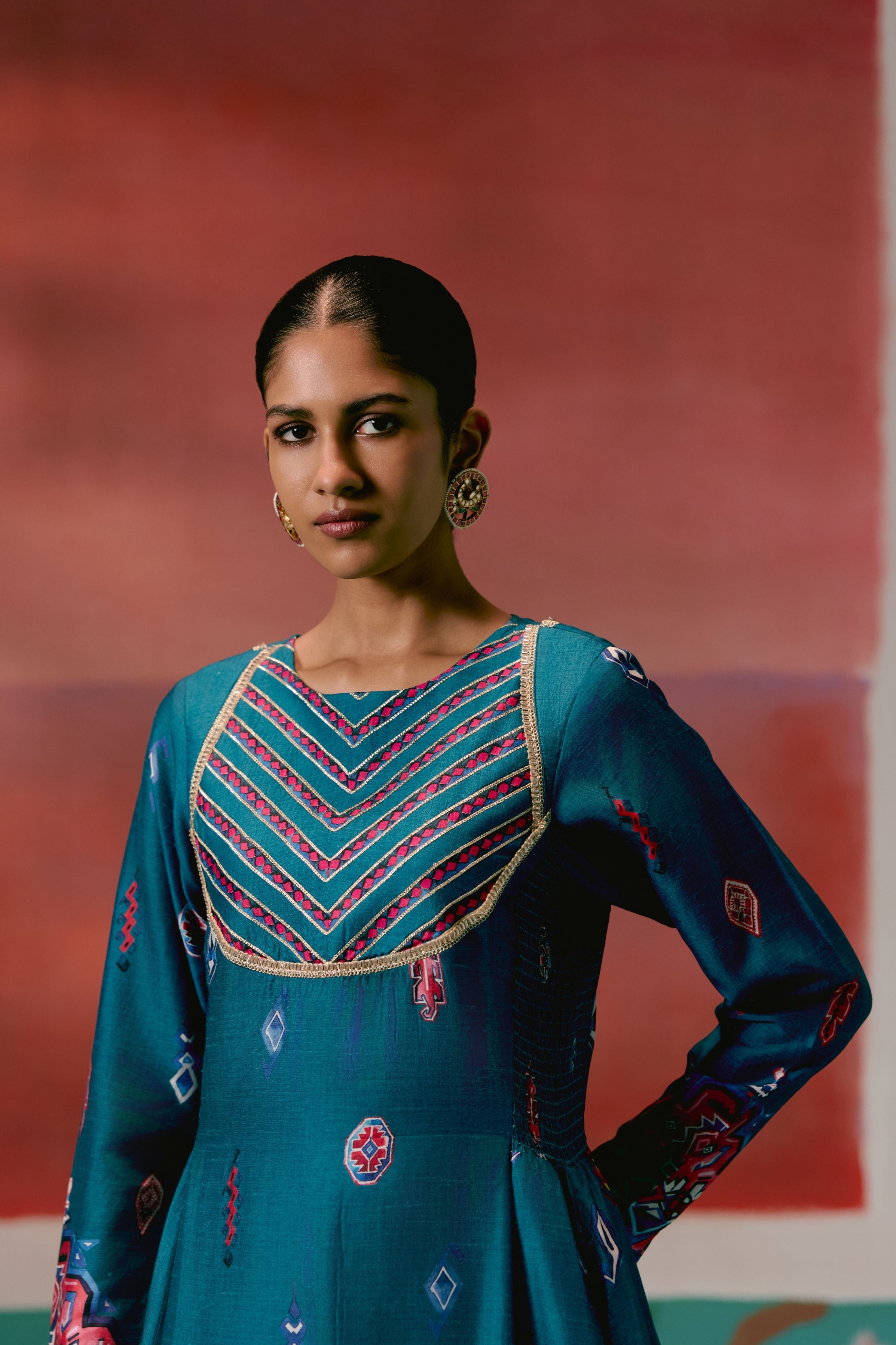 Teal Aztec Anarkali Set