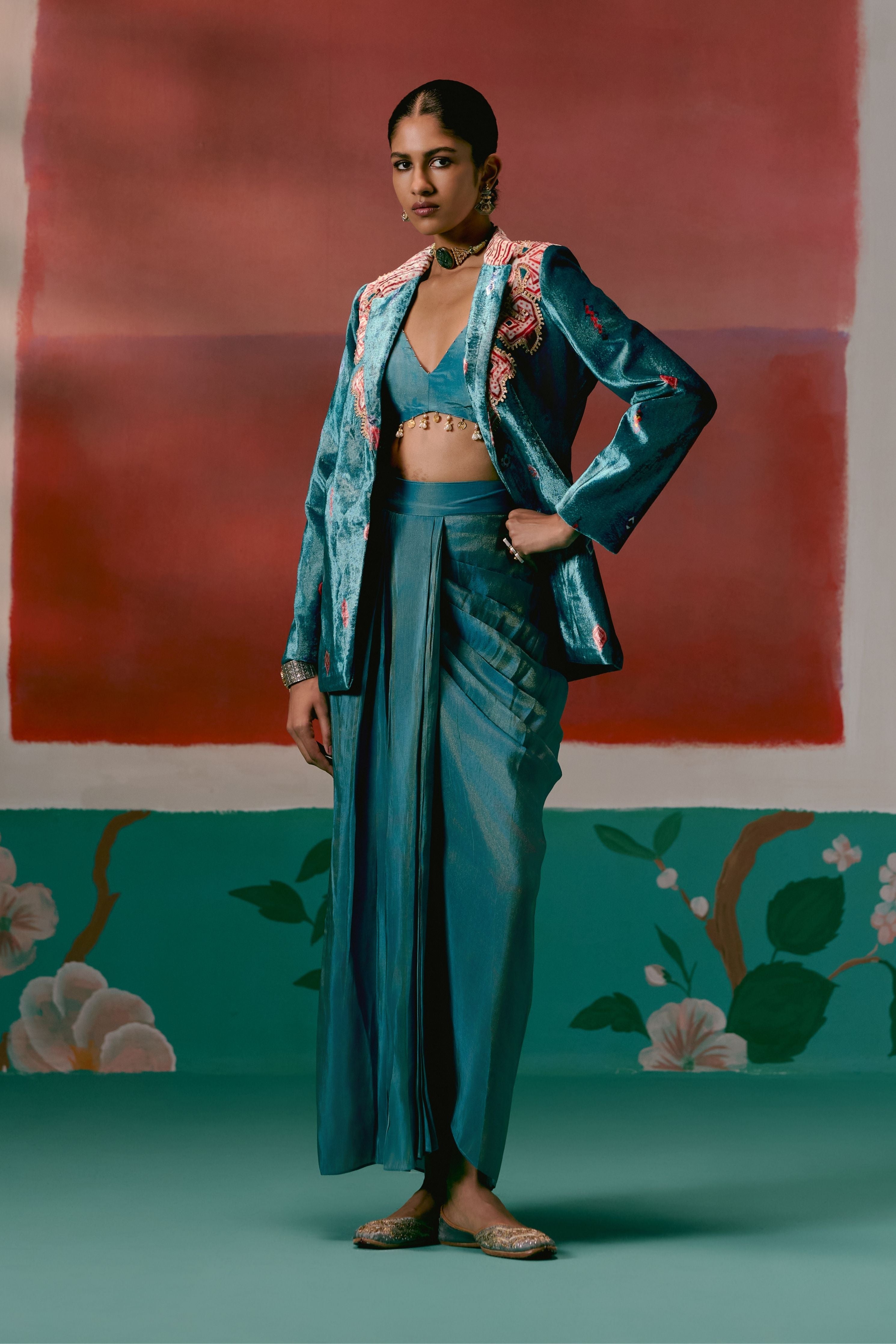 Teal Aztec Blazer Dhoti Set