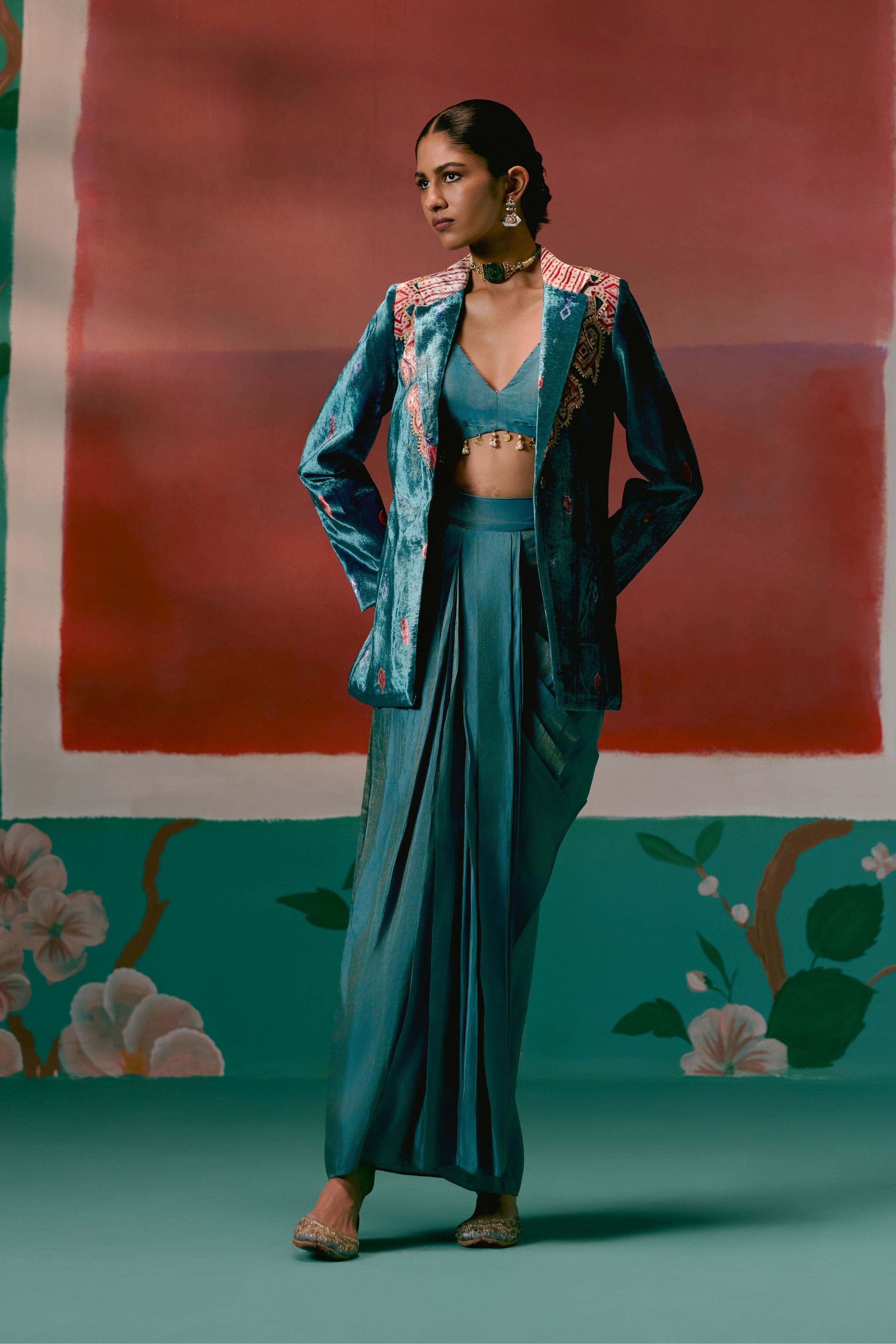 Teal Aztec Blazer Dhoti Set