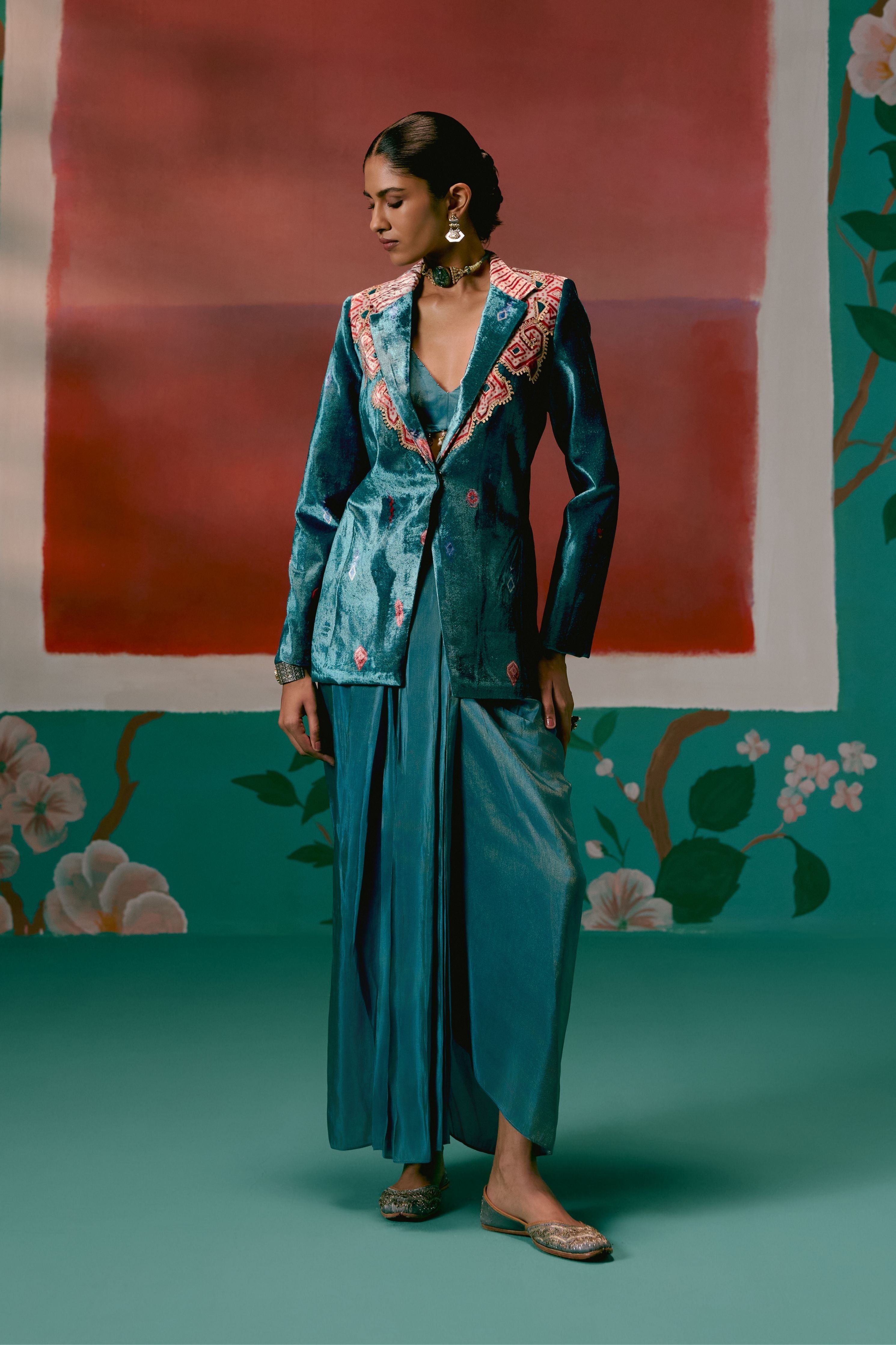 Teal Aztec Blazer Dhoti Set