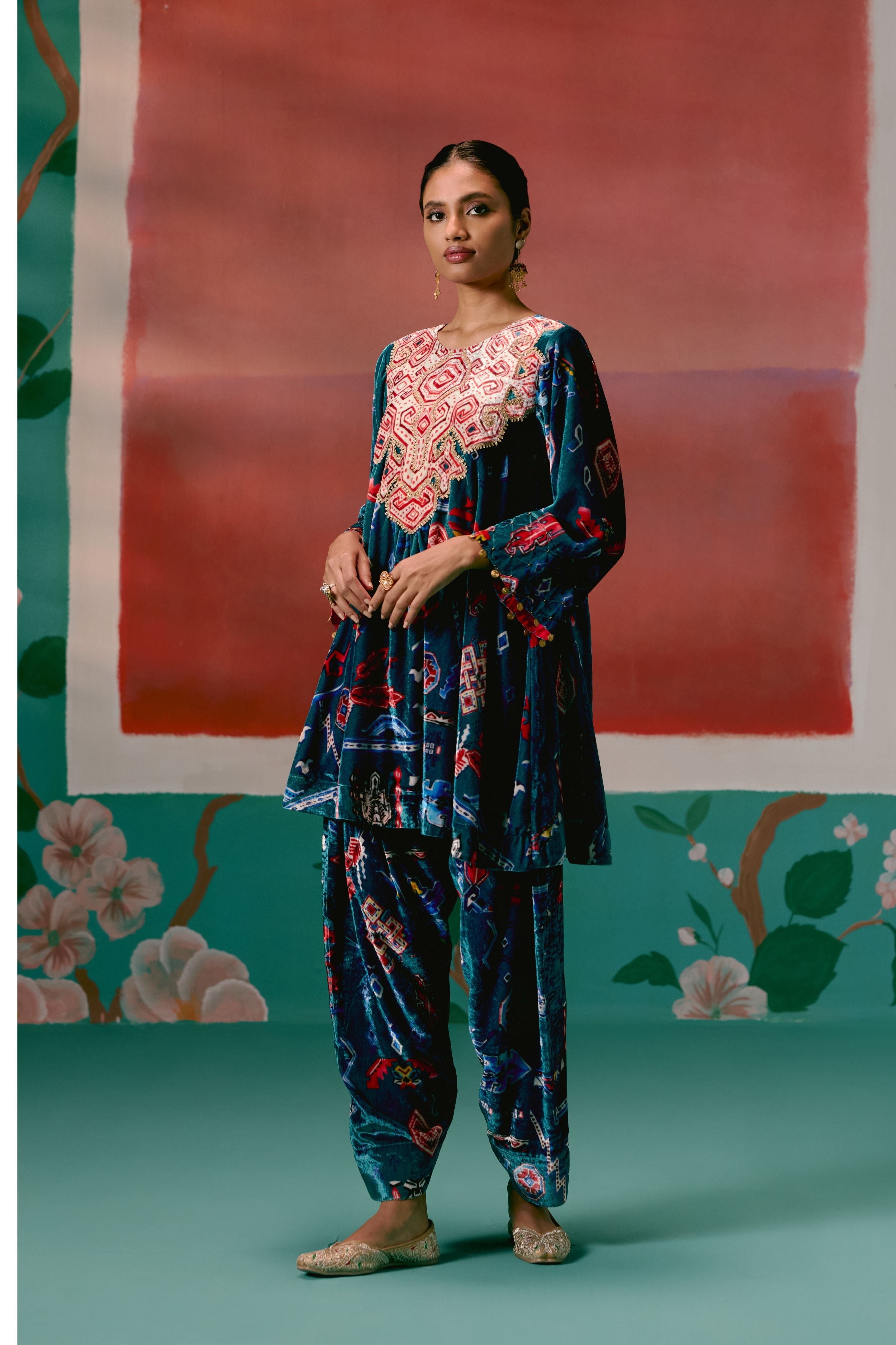 Teal Aztec Velvet Kurta Set