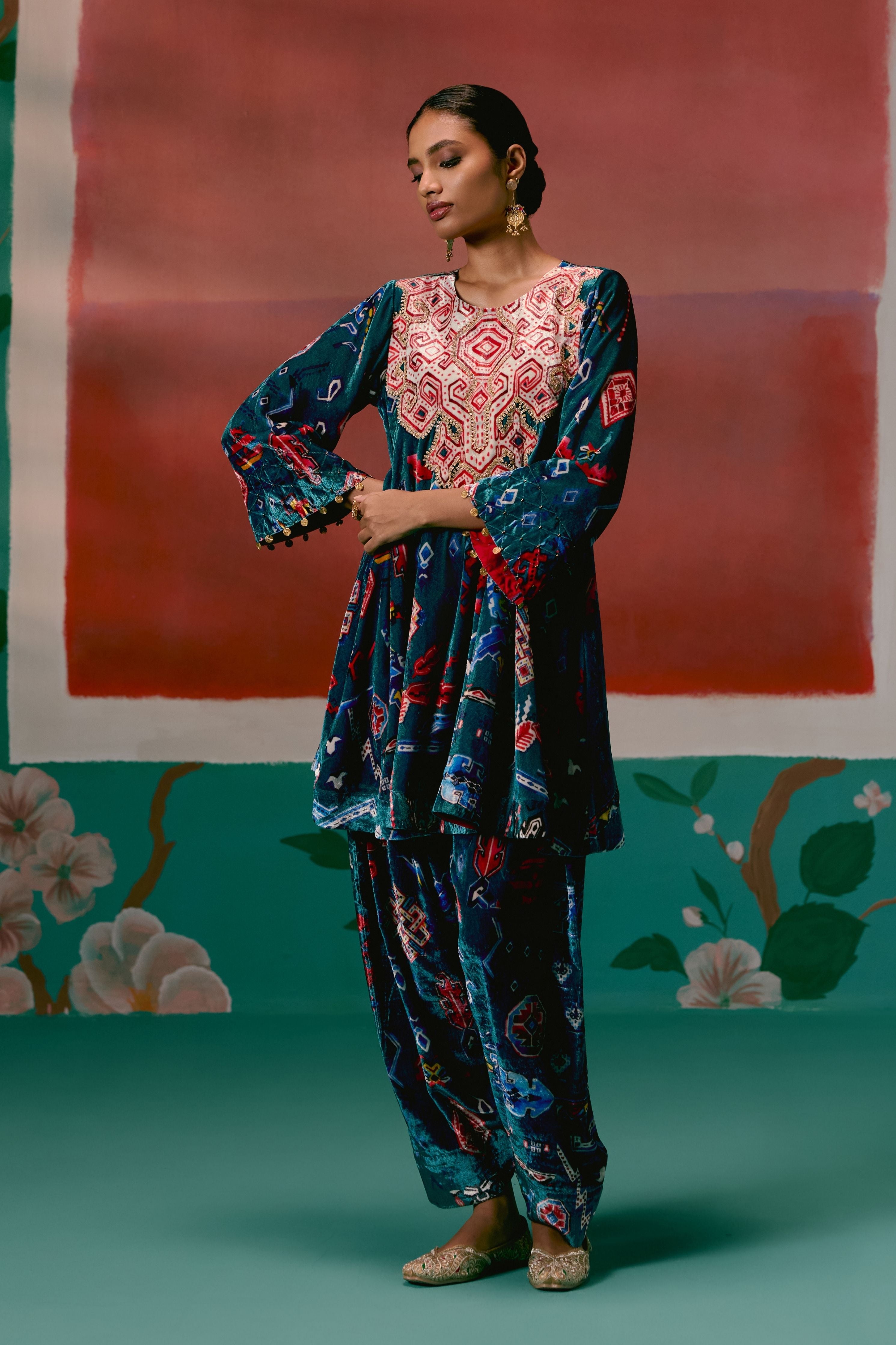 Teal Aztec Velvet Kurta Set