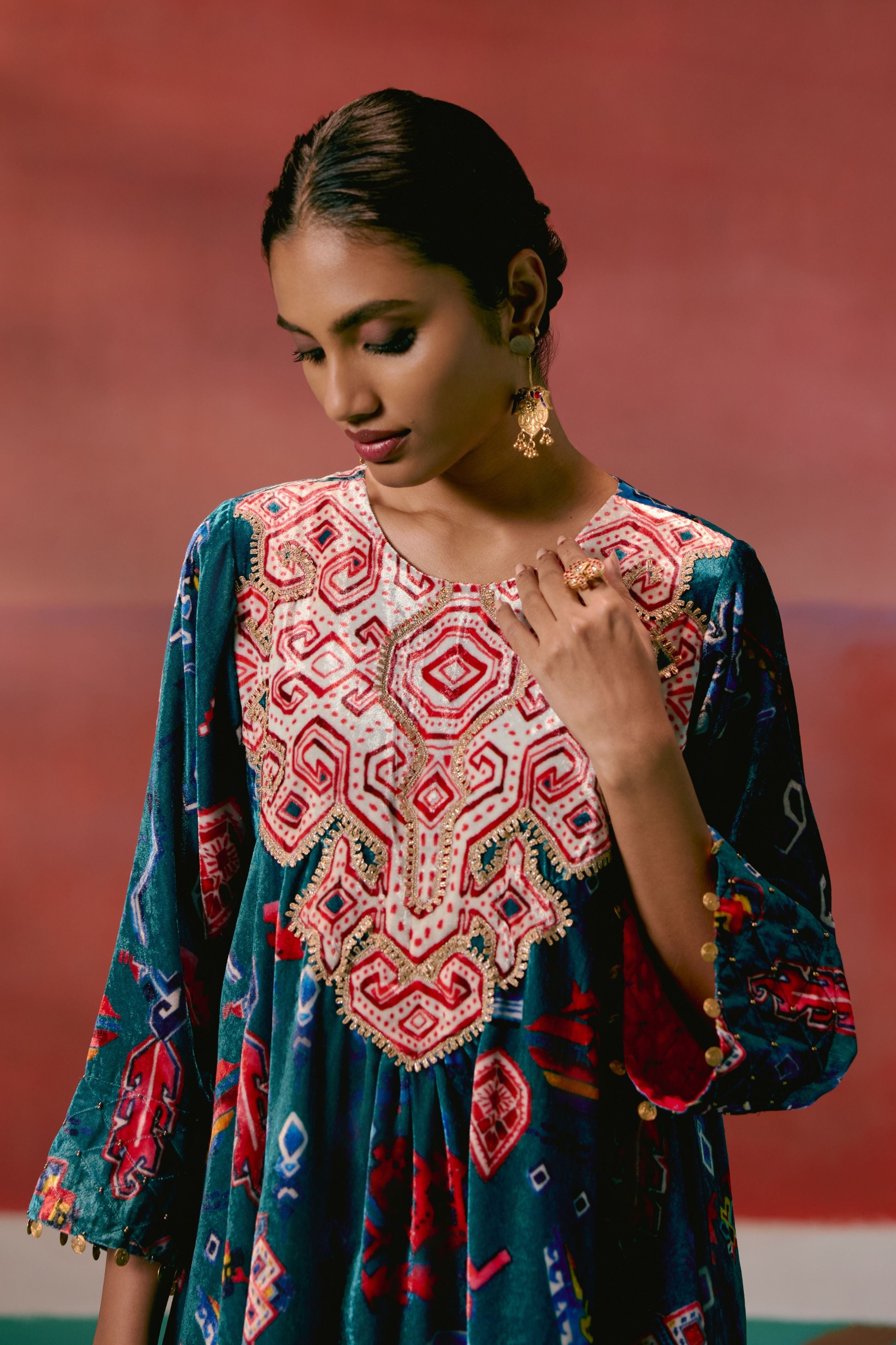Teal Aztec Velvet Kurta Set