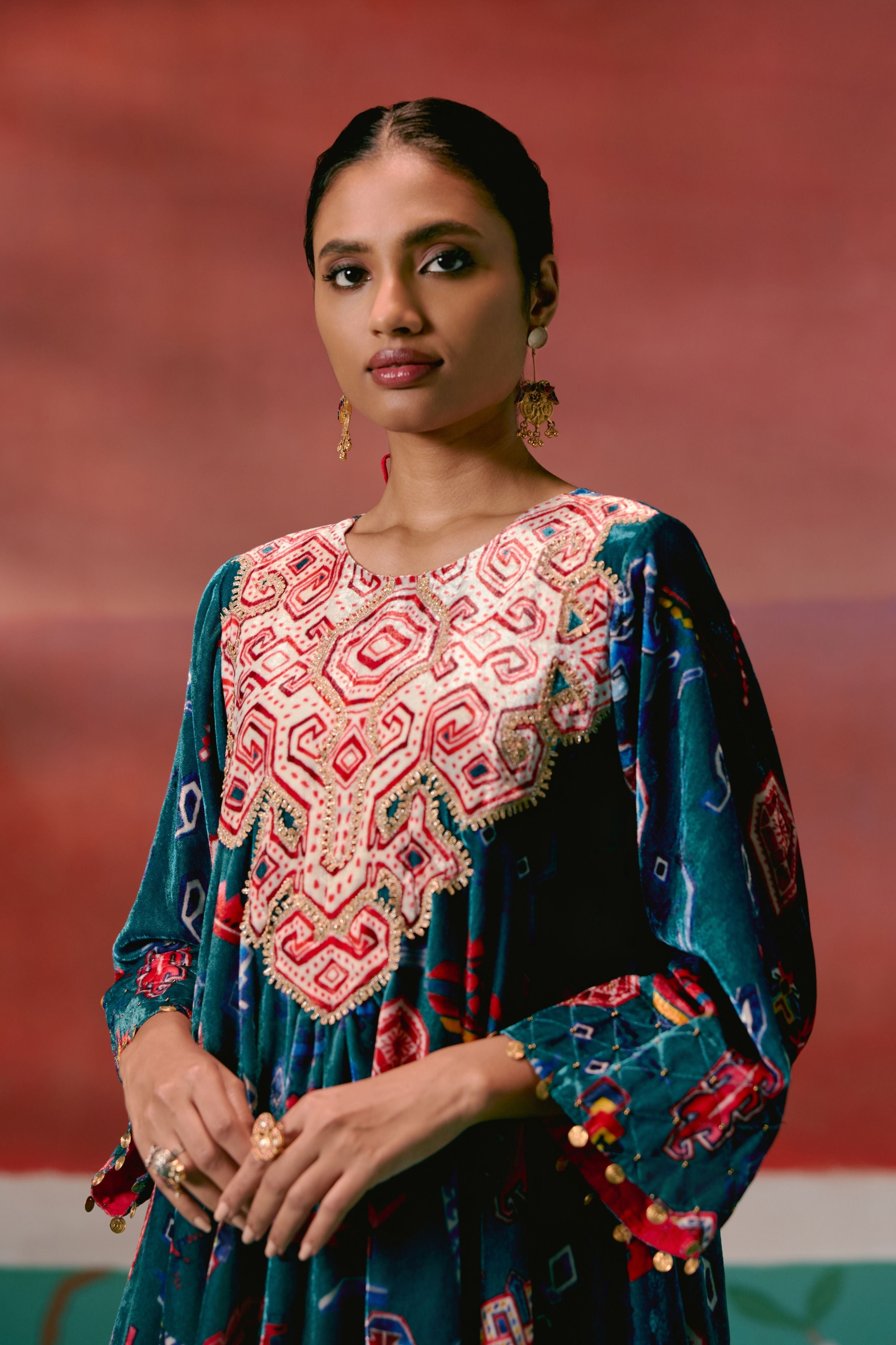 Teal Aztec Velvet Kurta Set