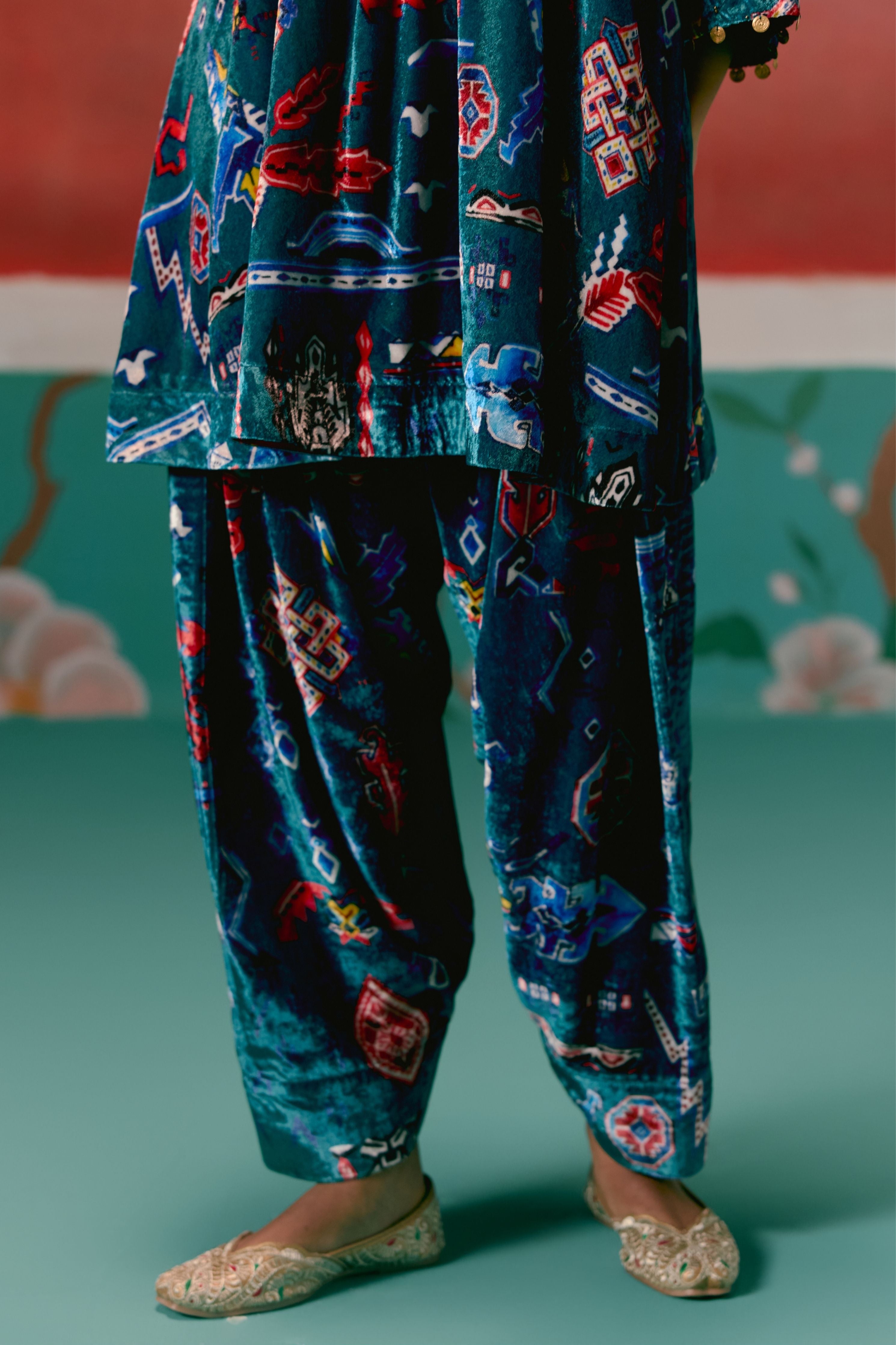 Teal Aztec Velvet Kurta Set