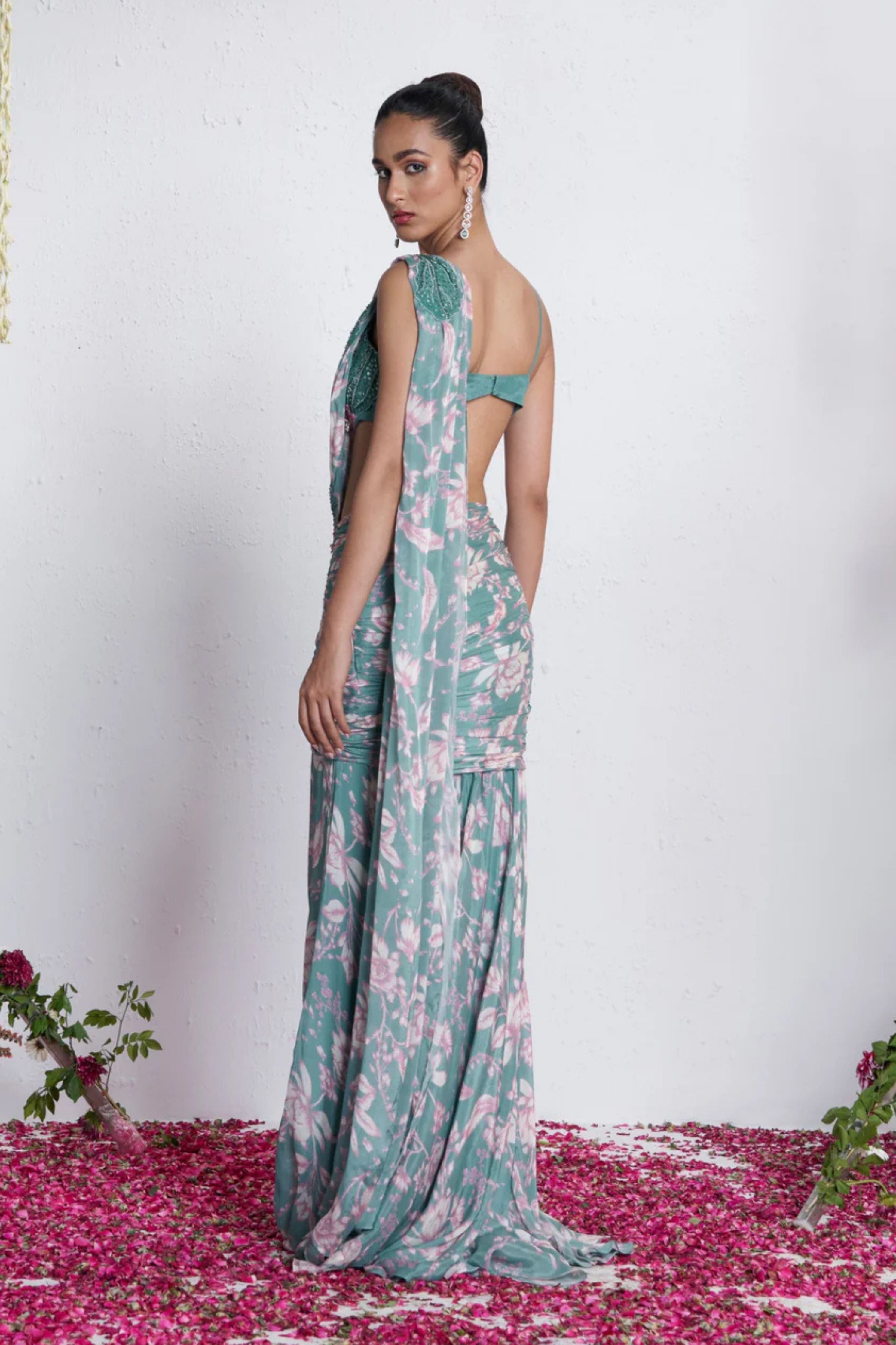 Teal Draped Saree Gown