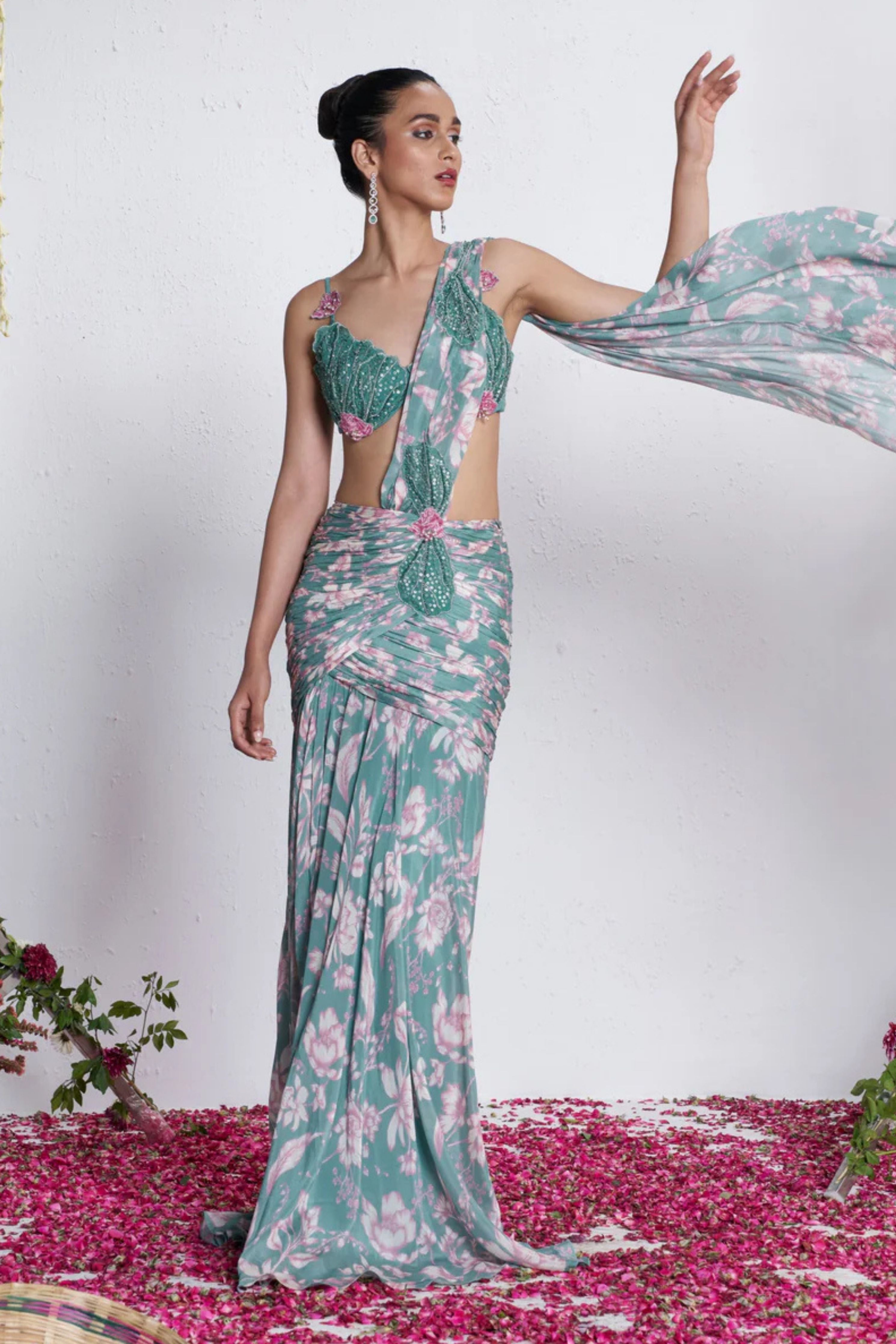 Teal Draped Saree Gown