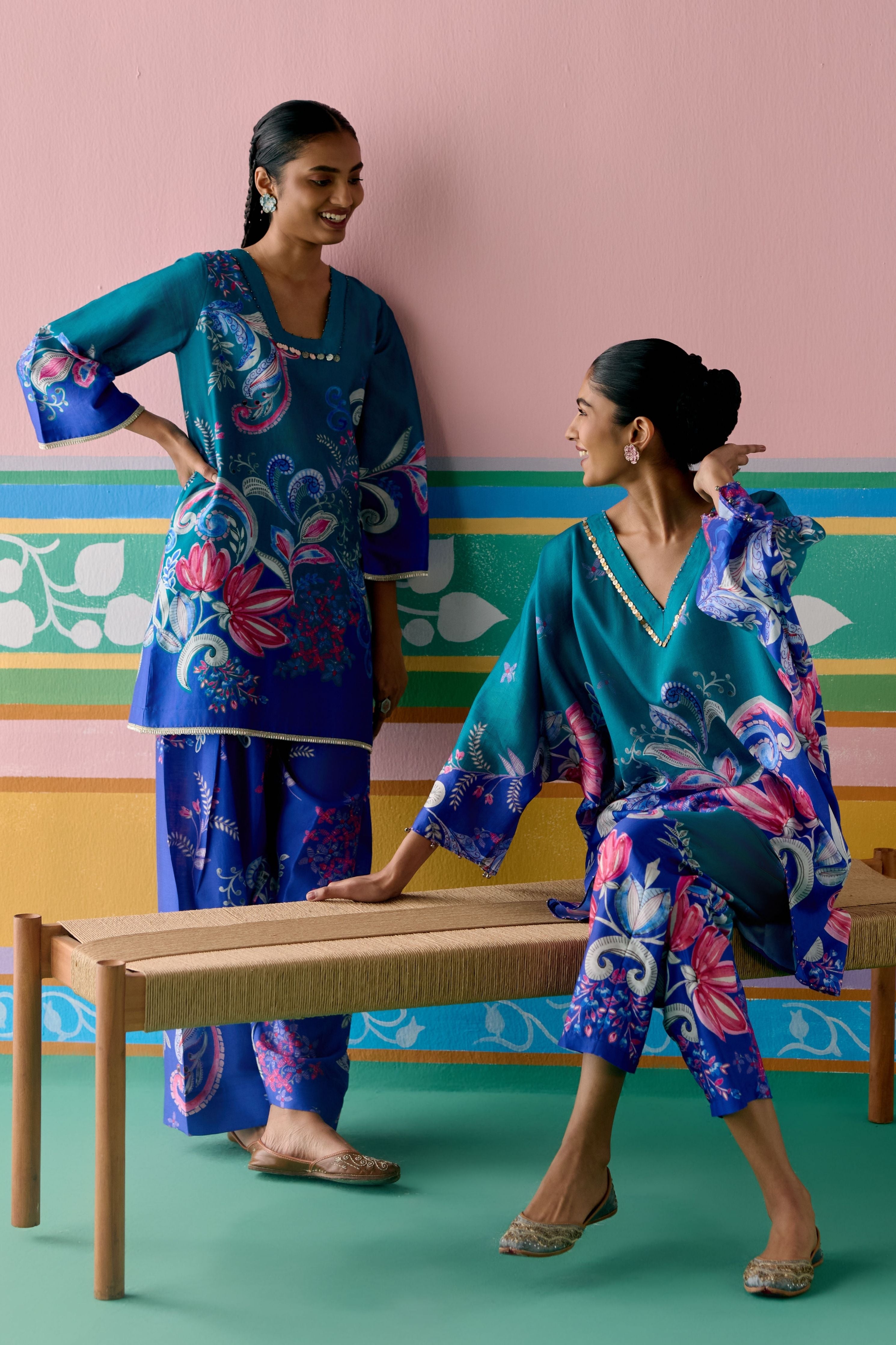 Teal Paisley Short Kaftan Set