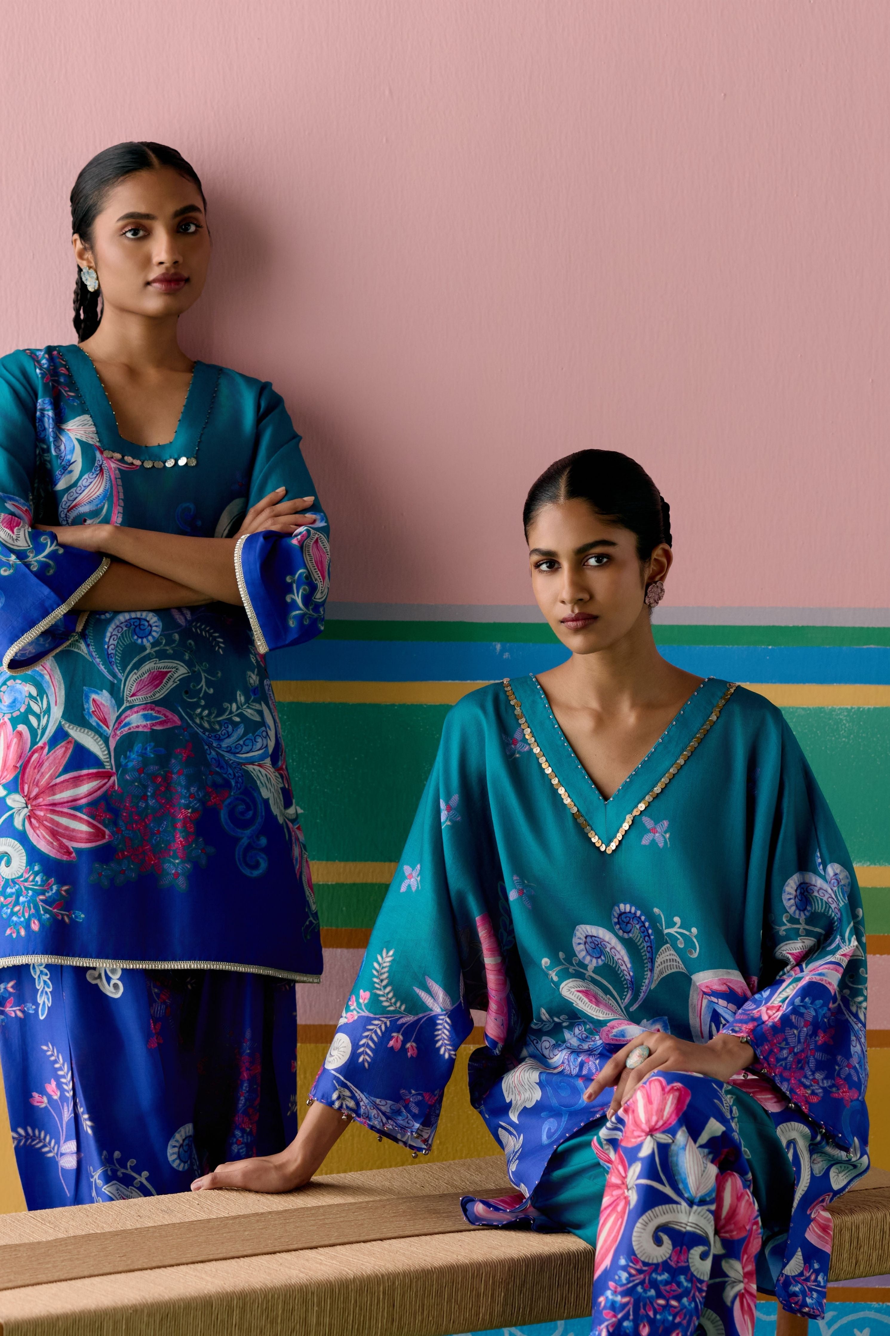 Teal Paisley Short Kaftan Set