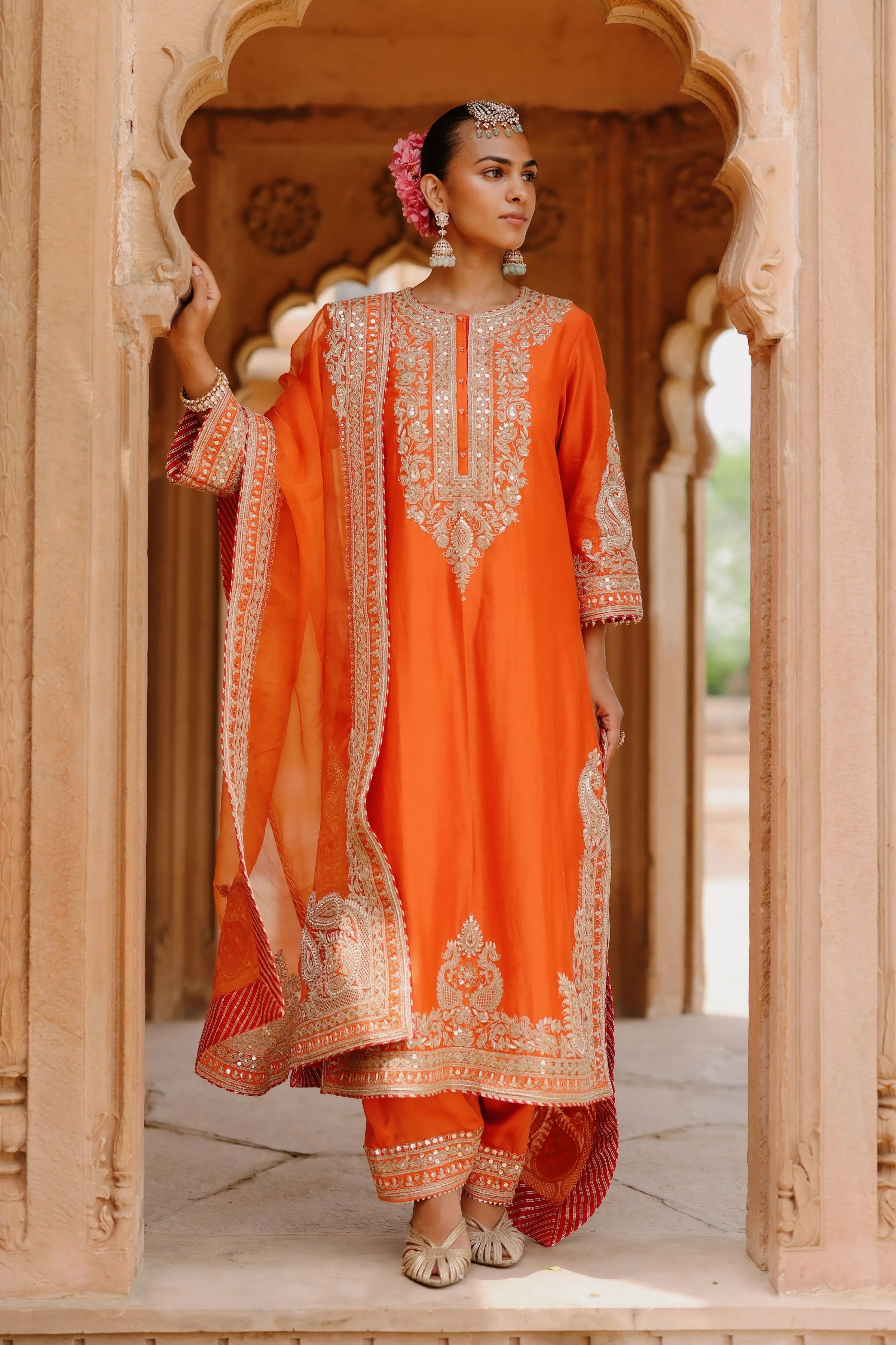Umaira Burnt Orange Long Kurta Set with Salwar & Dupatta