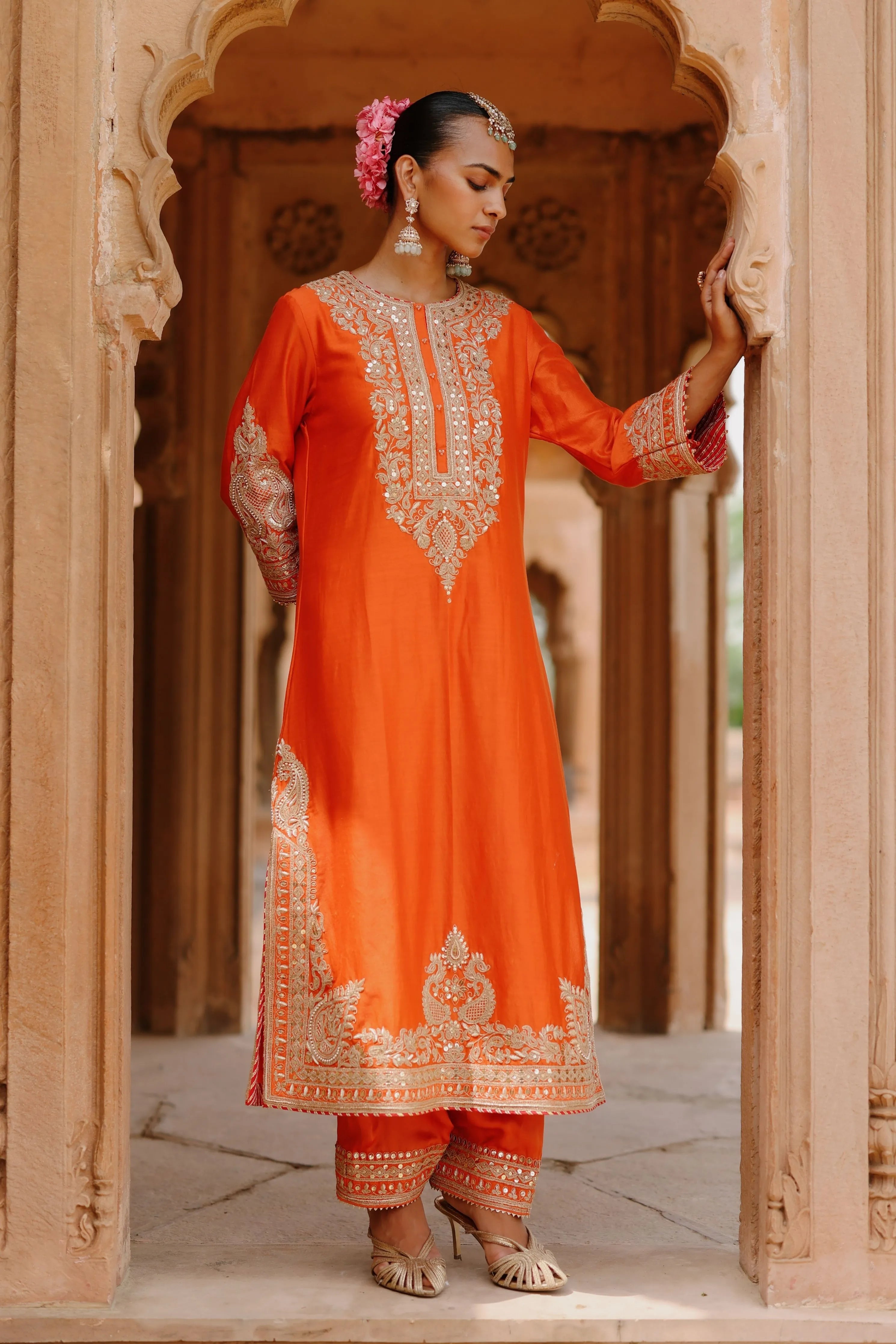 Umaira Burnt Orange Long Kurta Set with Salwar & Dupatta