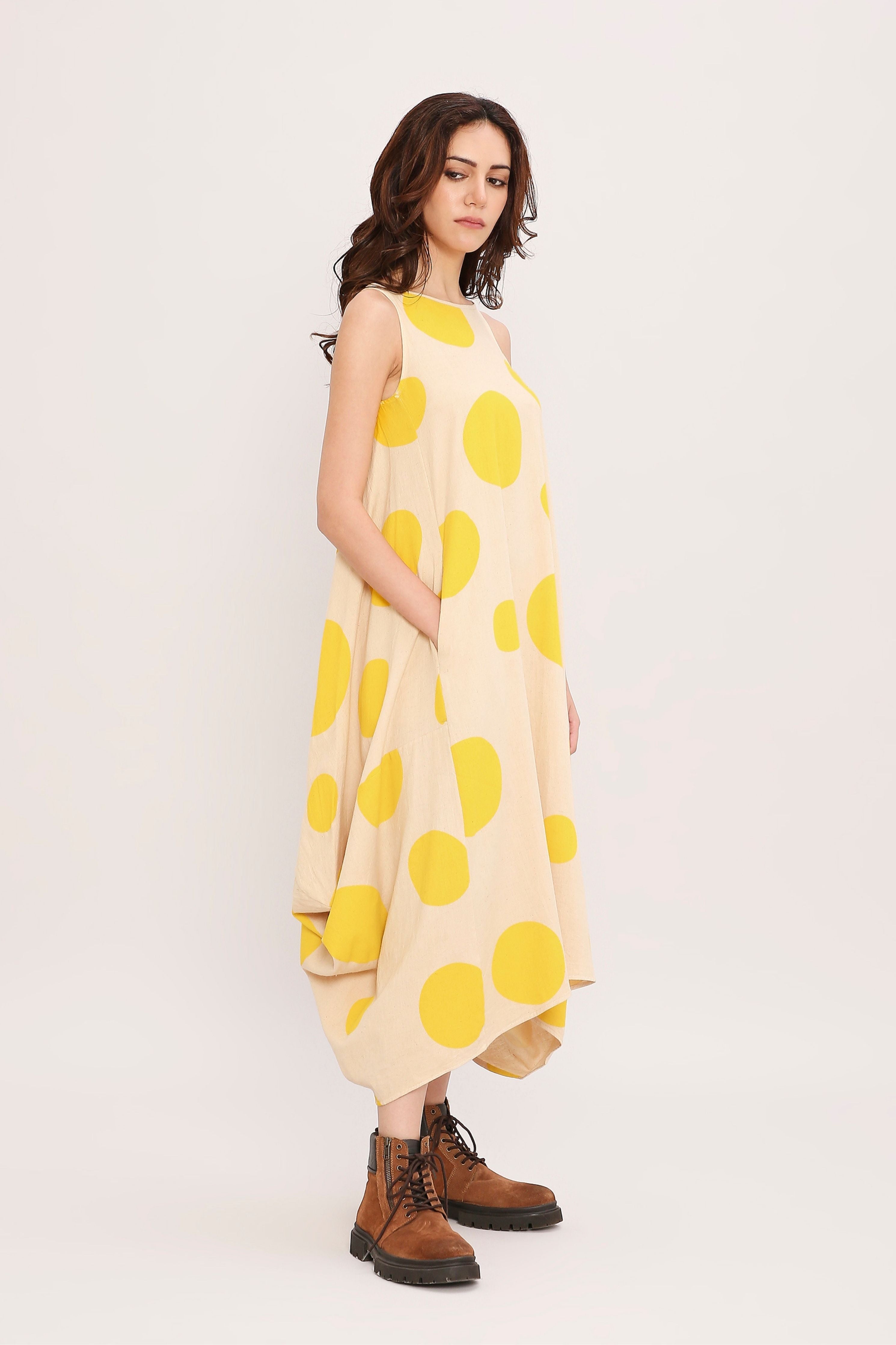 Yellow Hand Block Printed Polka Vari Dress
