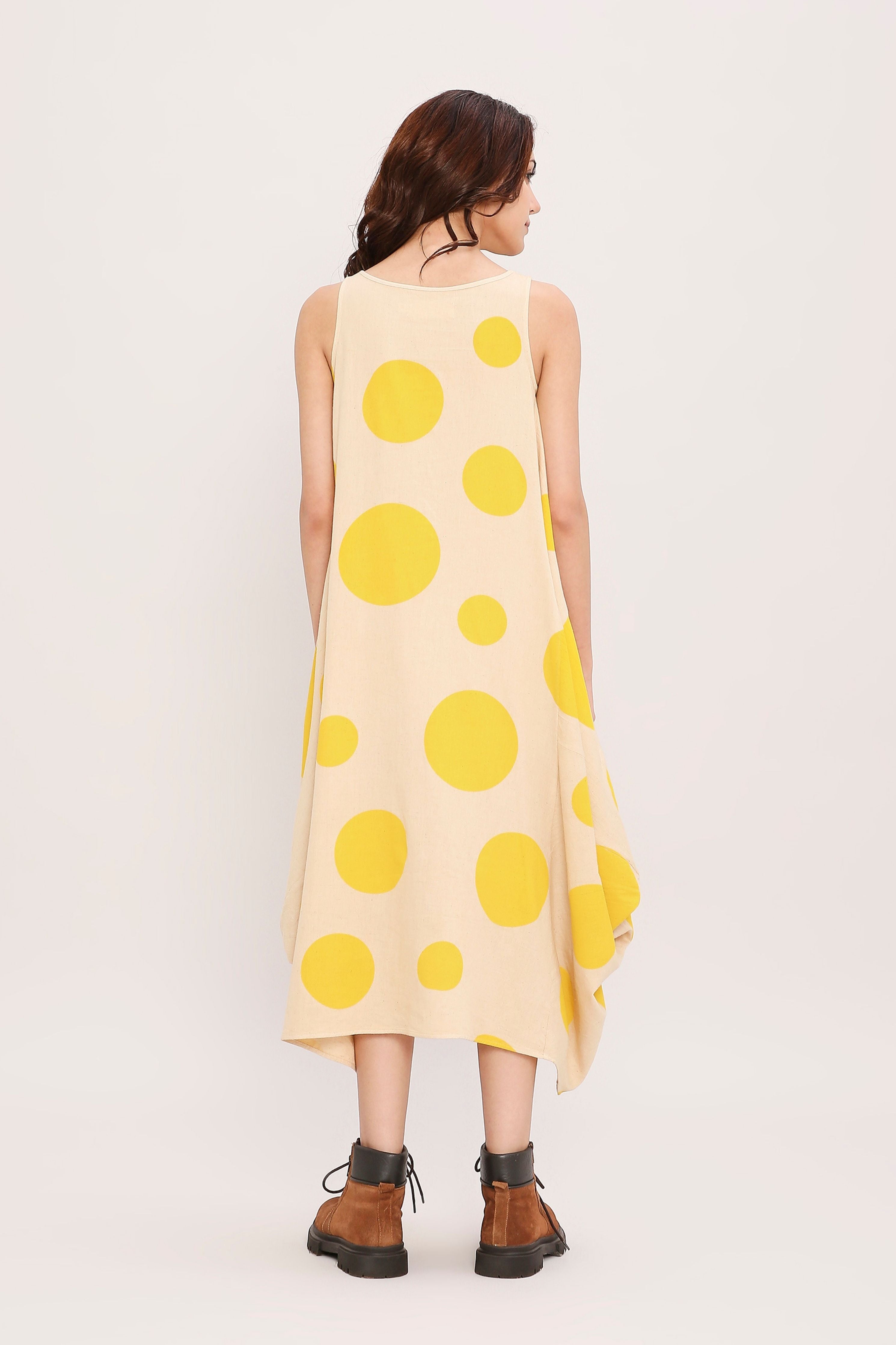 Yellow Hand Block Printed Polka Vari Dress