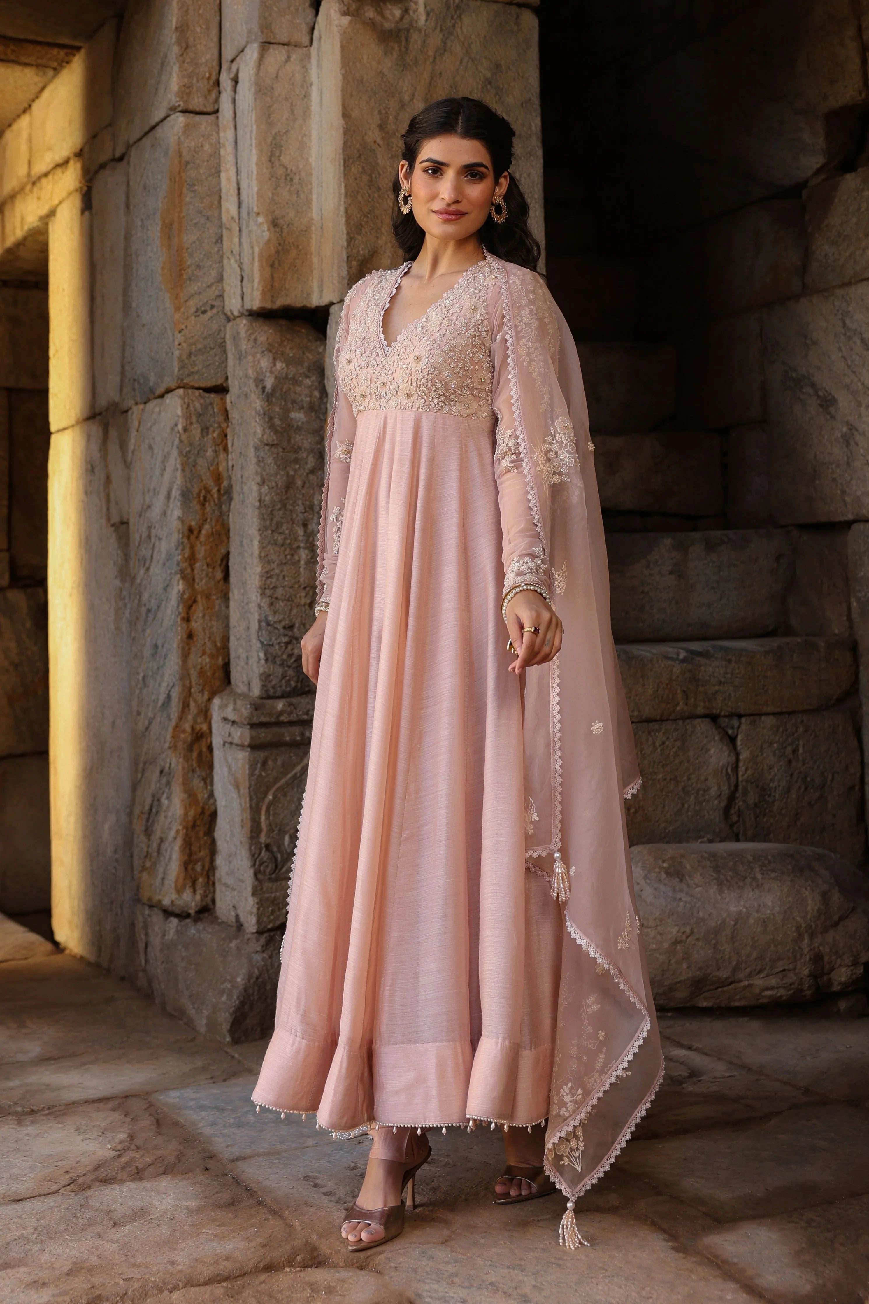 Vaayu Light Pink Applique Kalidar Set