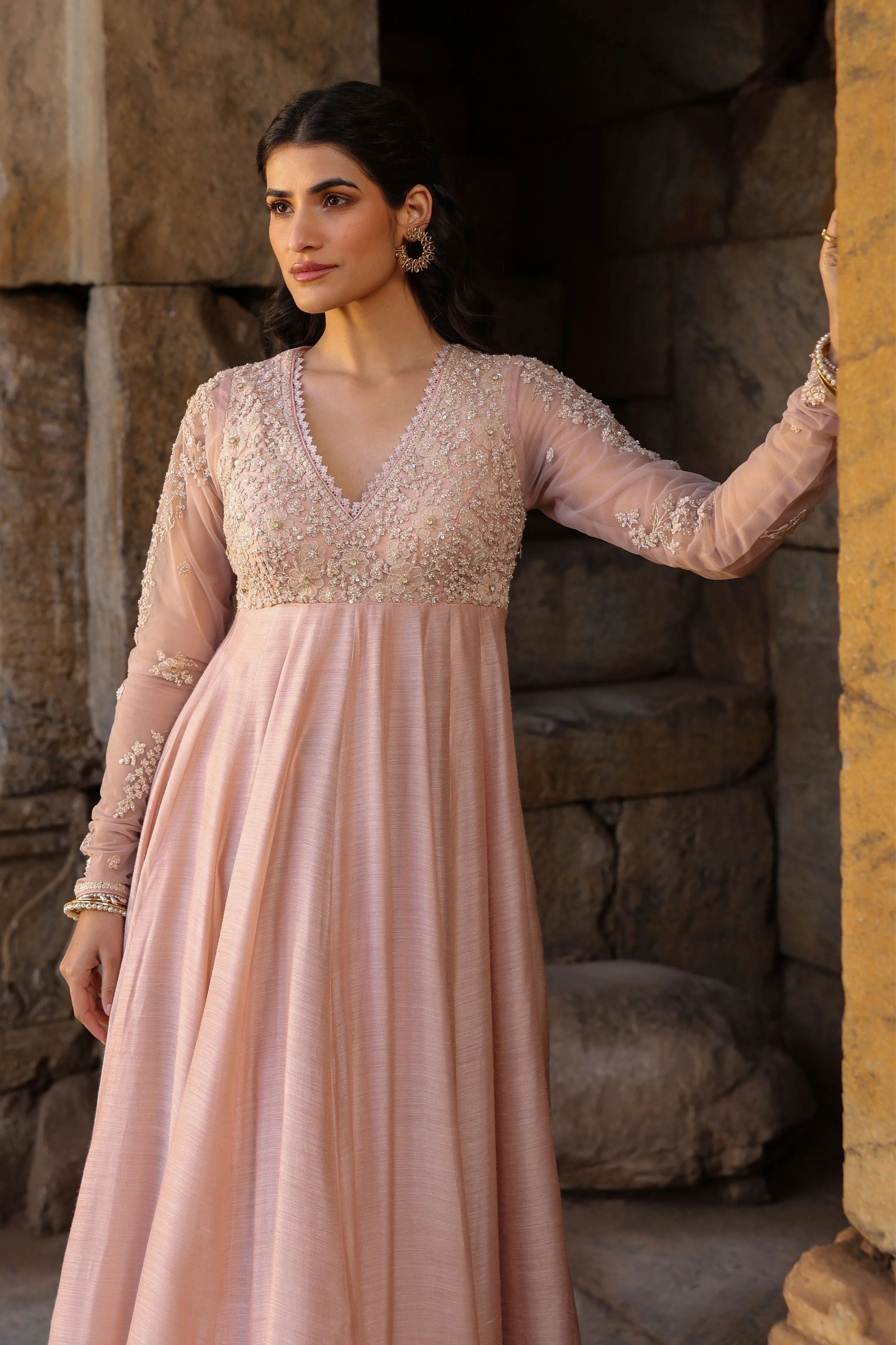 Vaayu Light Pink Applique Kalidar Set
