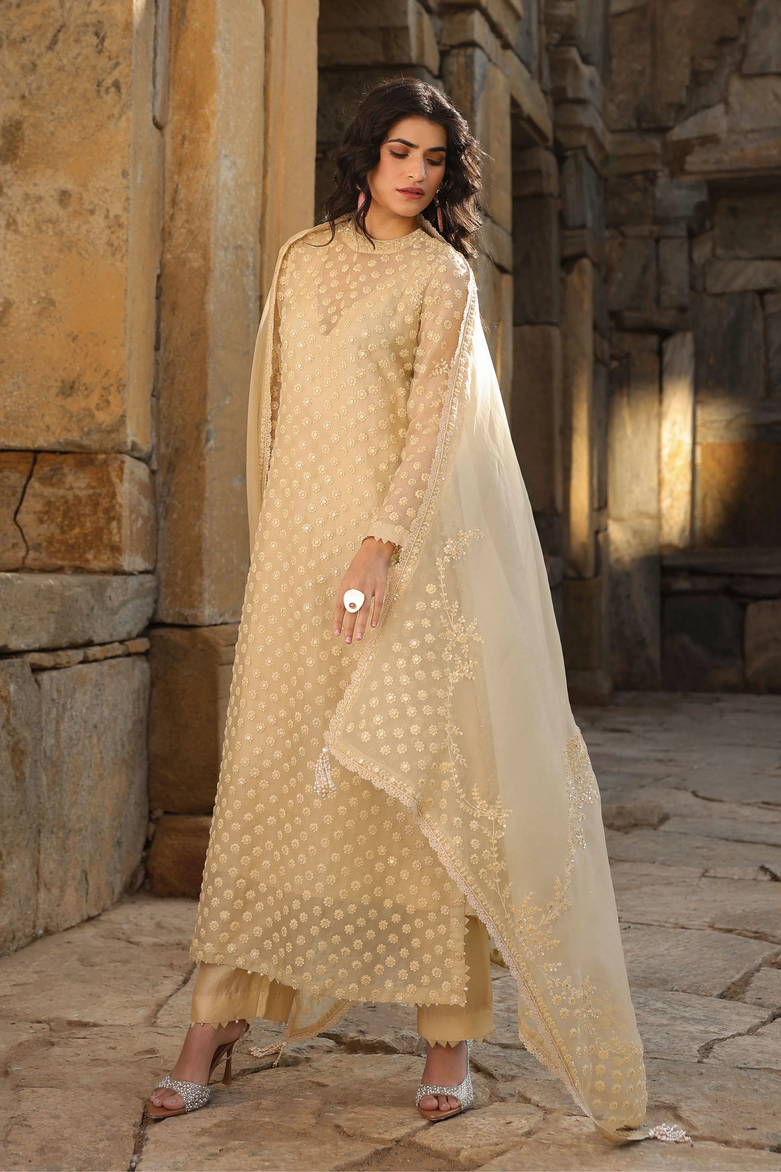 Vaayu Beige Buti Close Neck Kurta Set