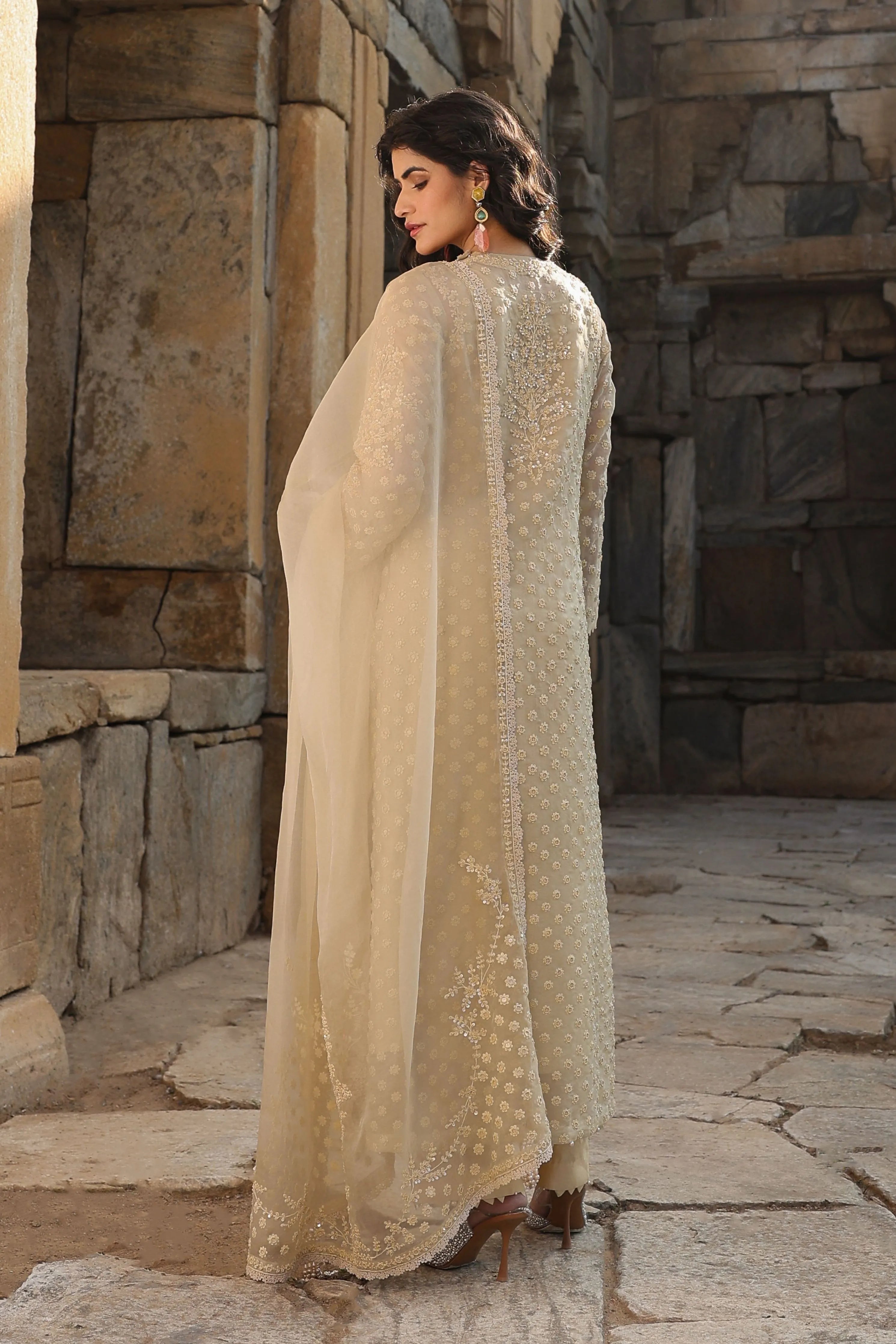Vaayu Beige Buti Close Neck Kurta Set
