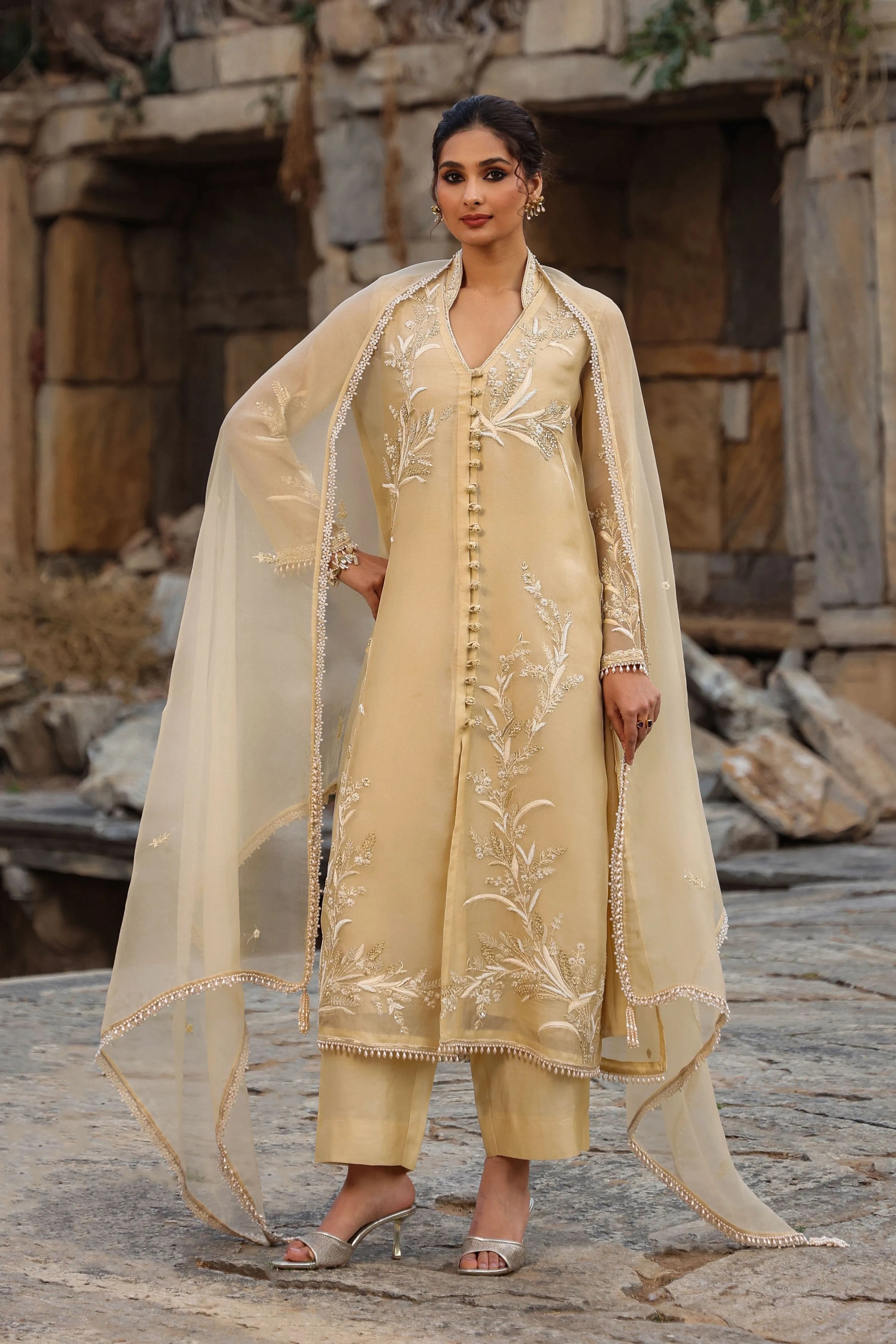 Vaayu Beige Heavy Jacket Kurta Set