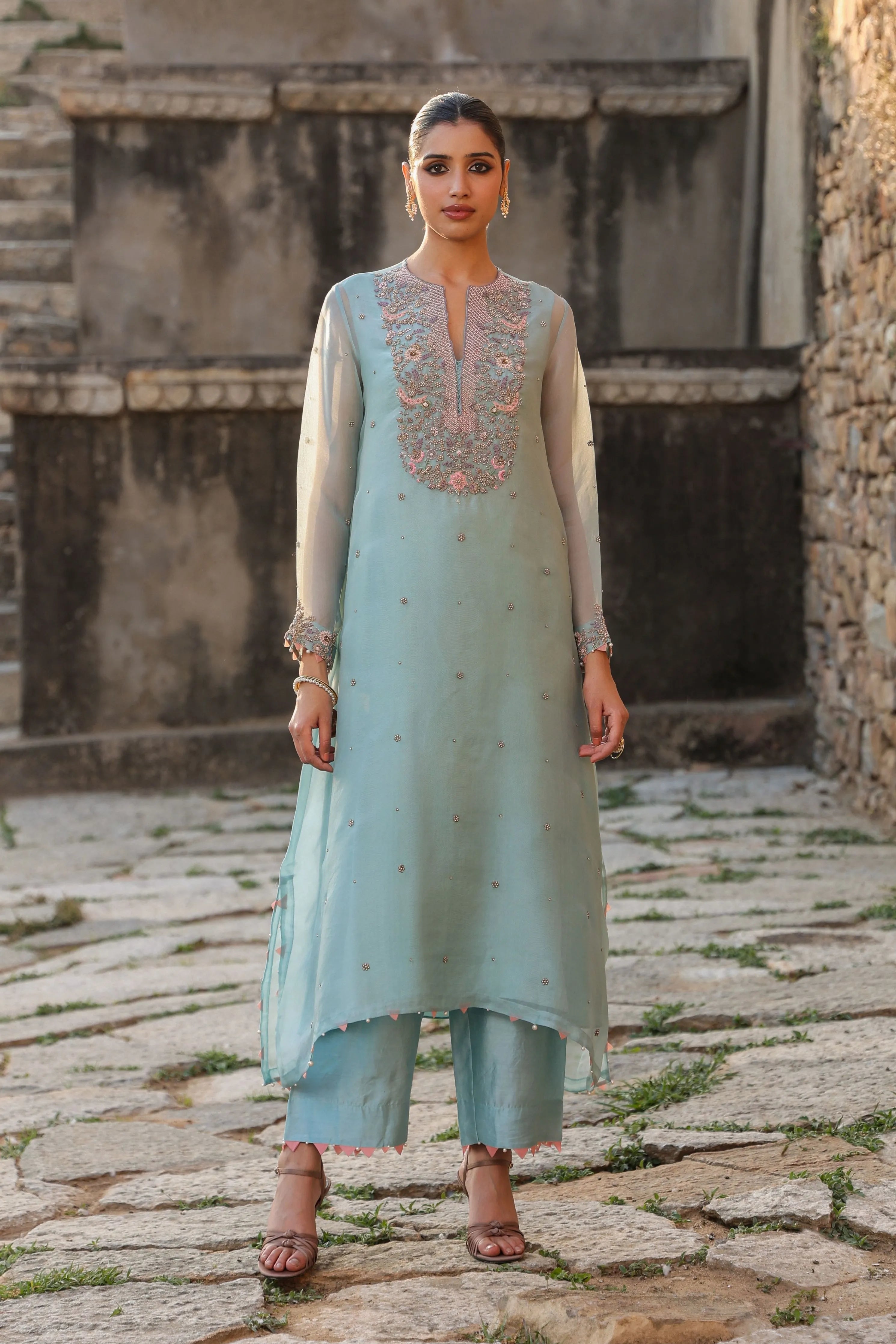 Vaayu Light Blue Heavy Neck Kurta Set