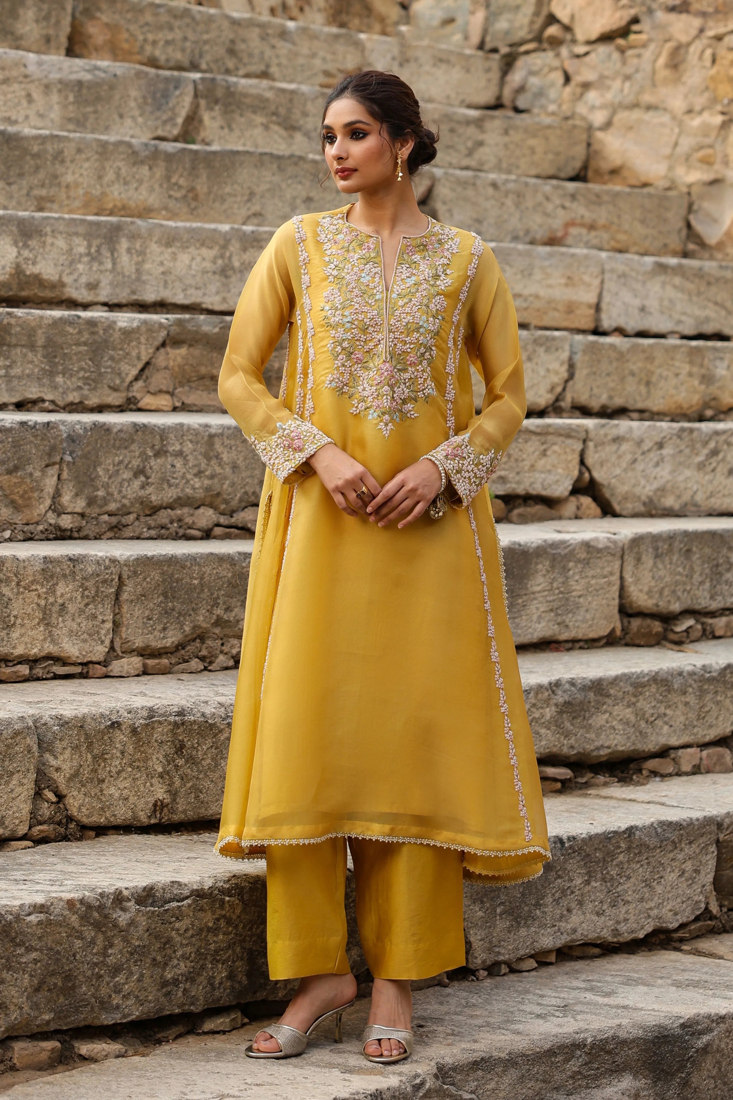 Vaayu Yellow Heavy Pheran Kurta Set