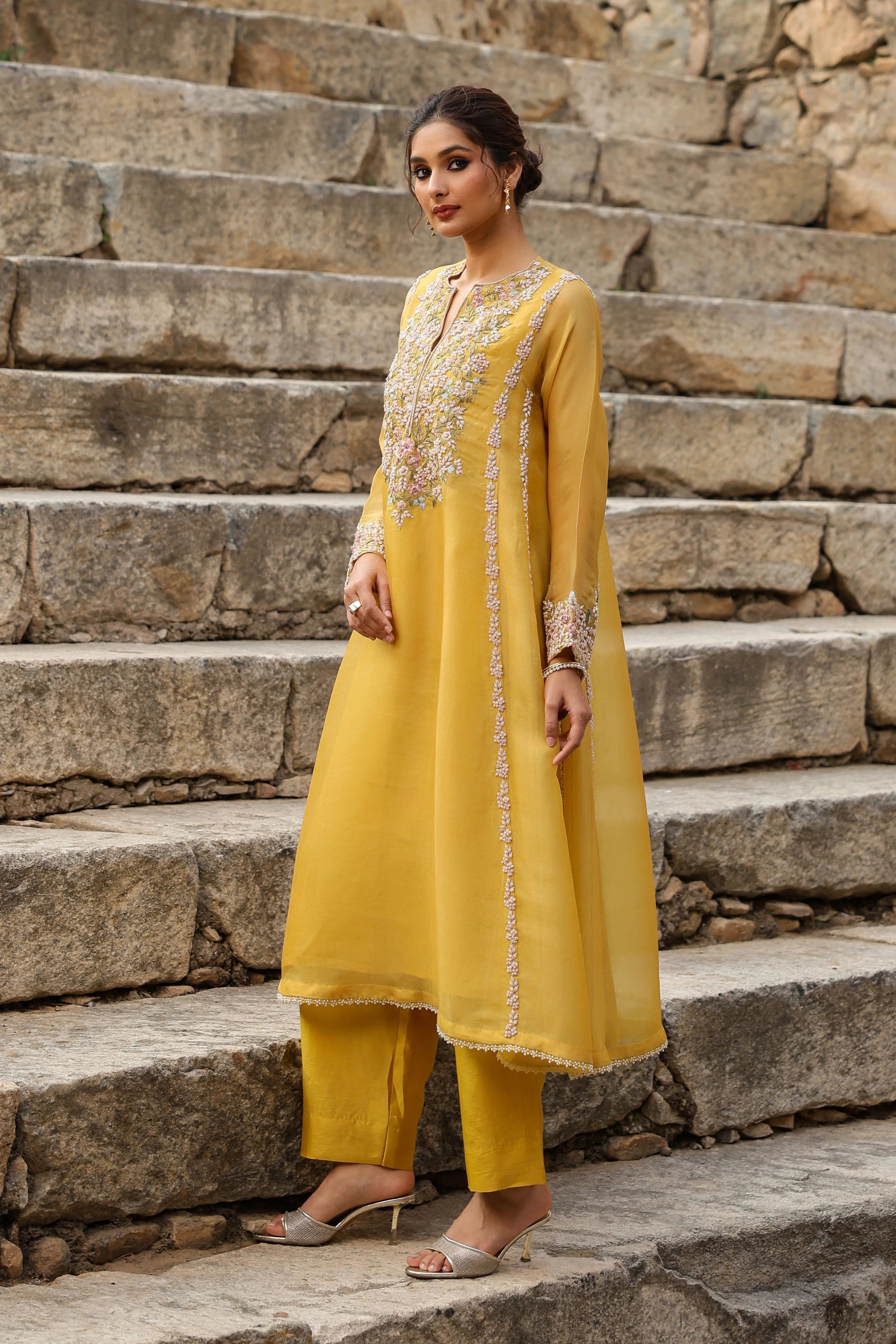 Vaayu Yellow Heavy Pheran Kurta Set